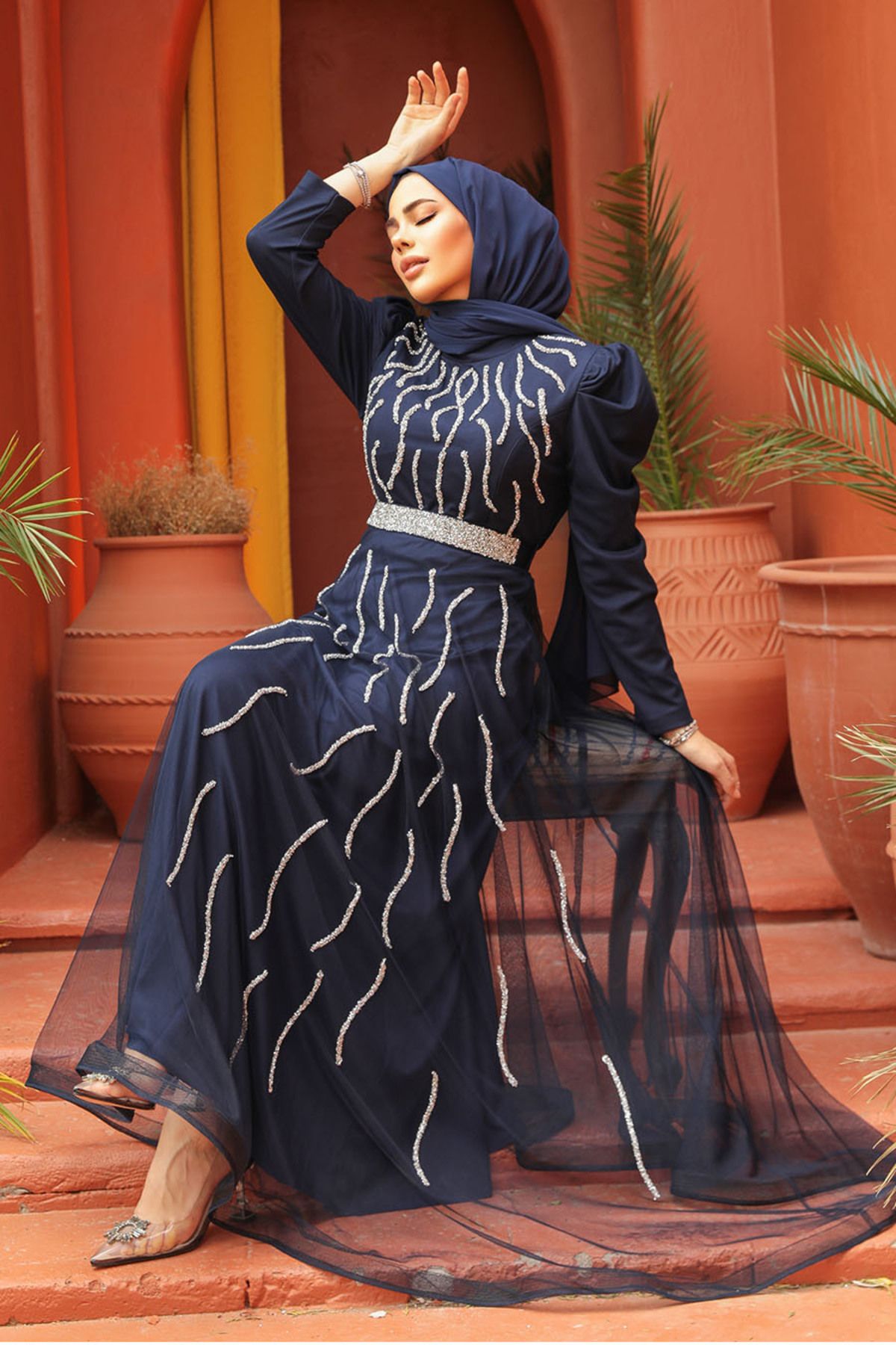 Neva Style-Beaded Navy Blue Hijab Evening Dress 51912L 5