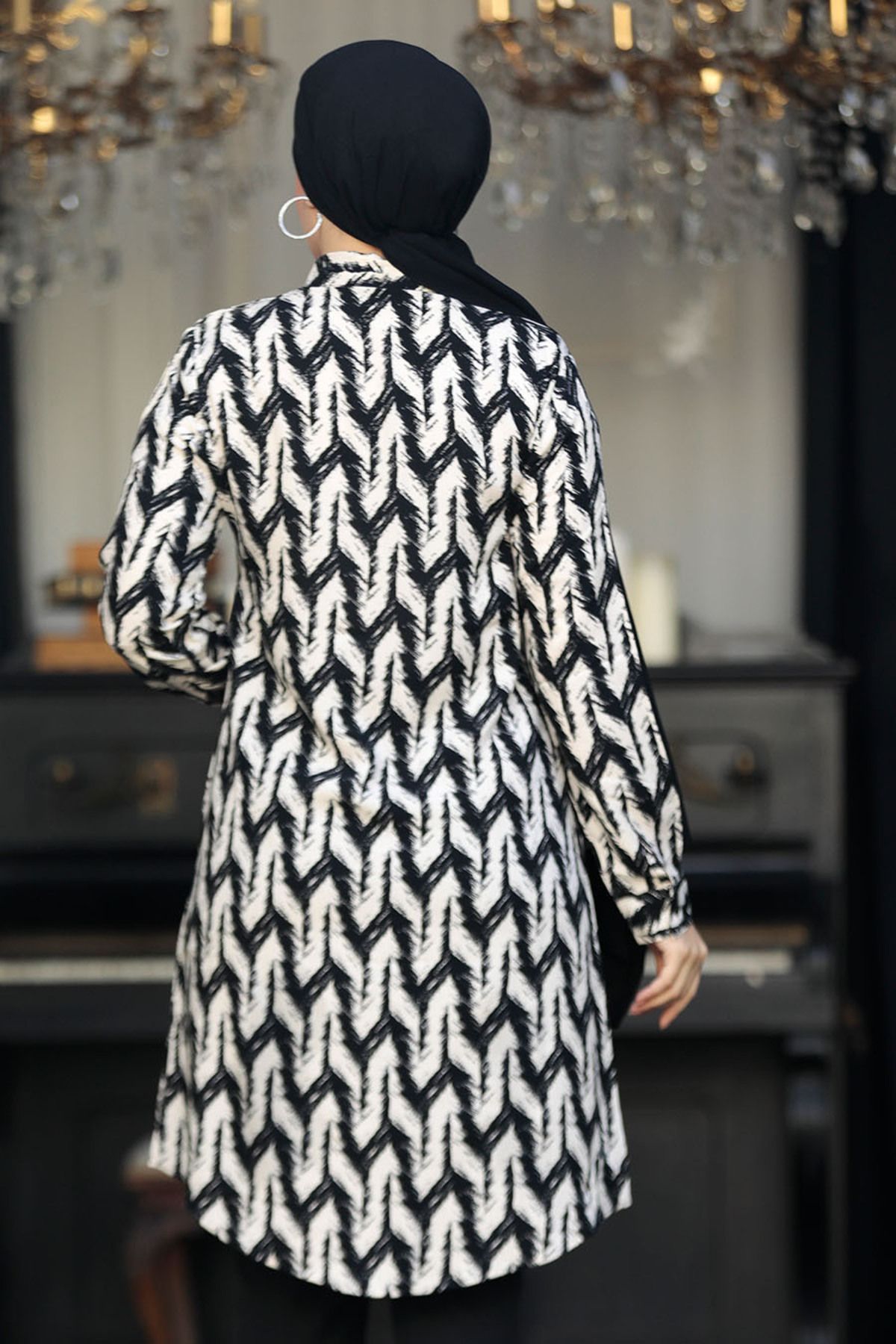 Neva Style-Patterned Black Hijab Viscose Tunic 11674S 4