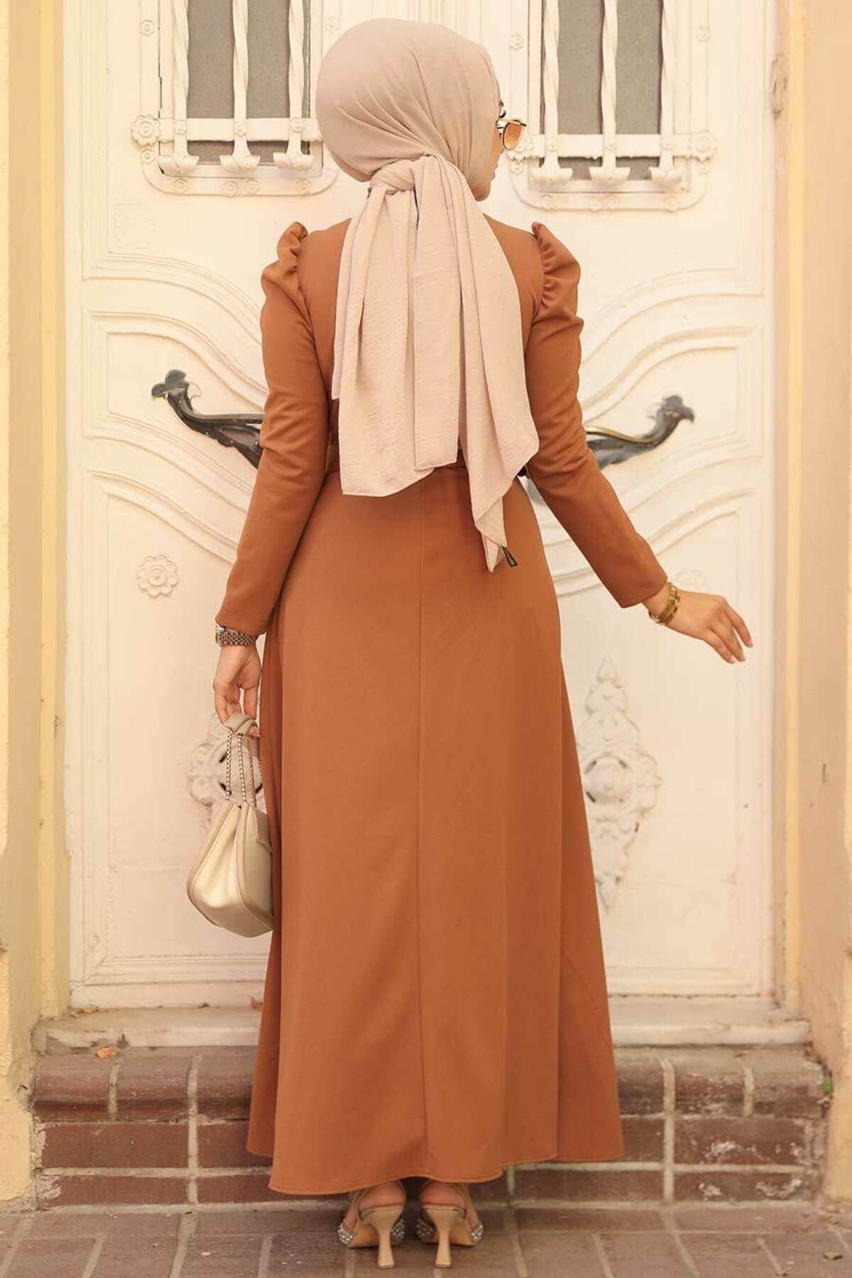 Neva Style-Belted Tan Hijab Dress 554Tb 3