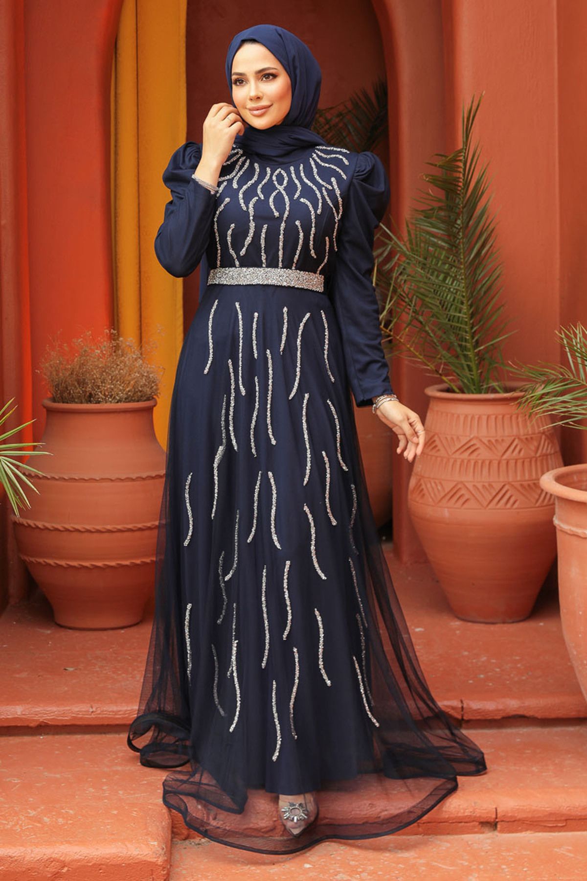 Neva Style-Beaded Navy Blue Hijab Evening Dress 51912L 1