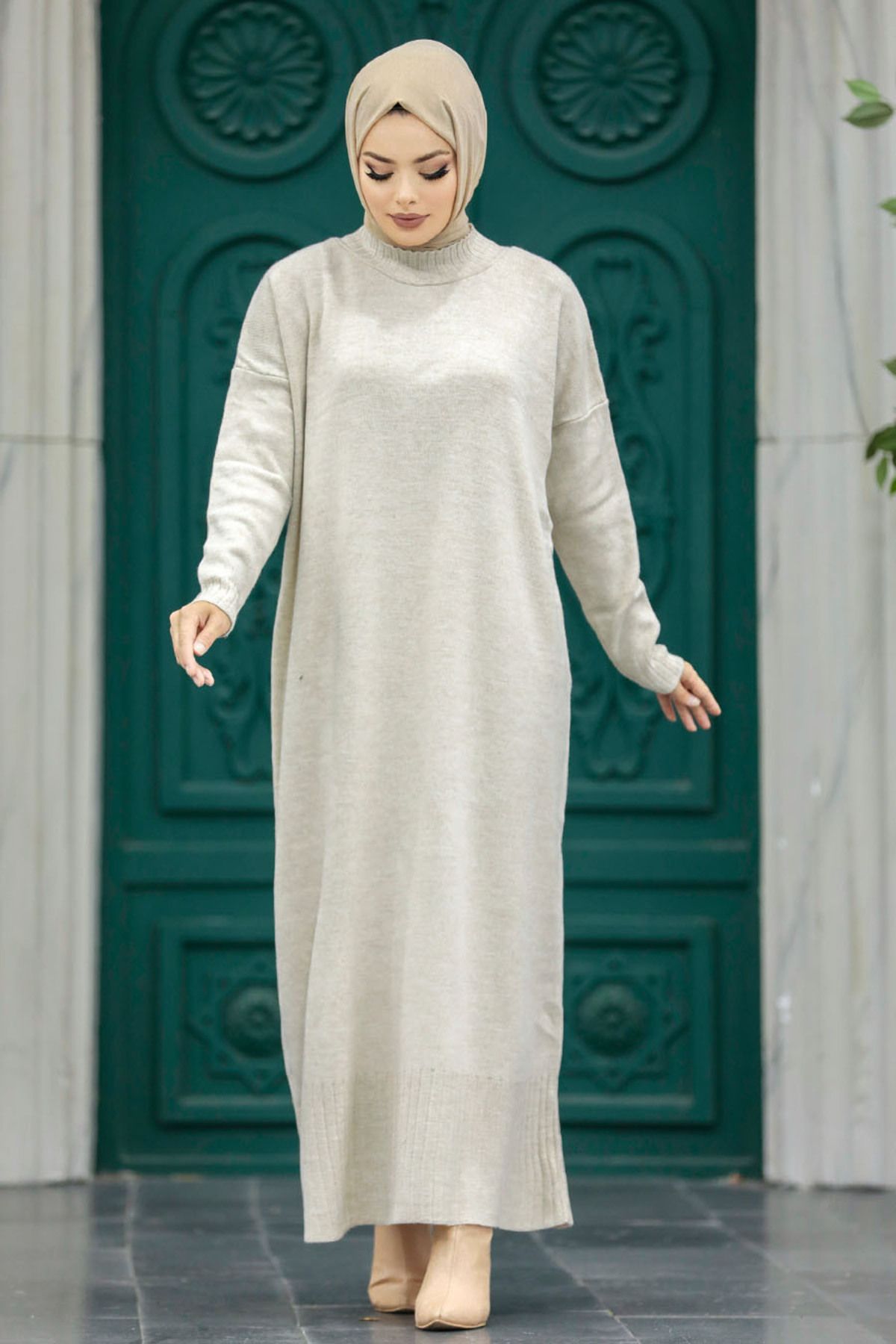 Neva Style-فستان تريكو حجاب بيج 3409بيج 2