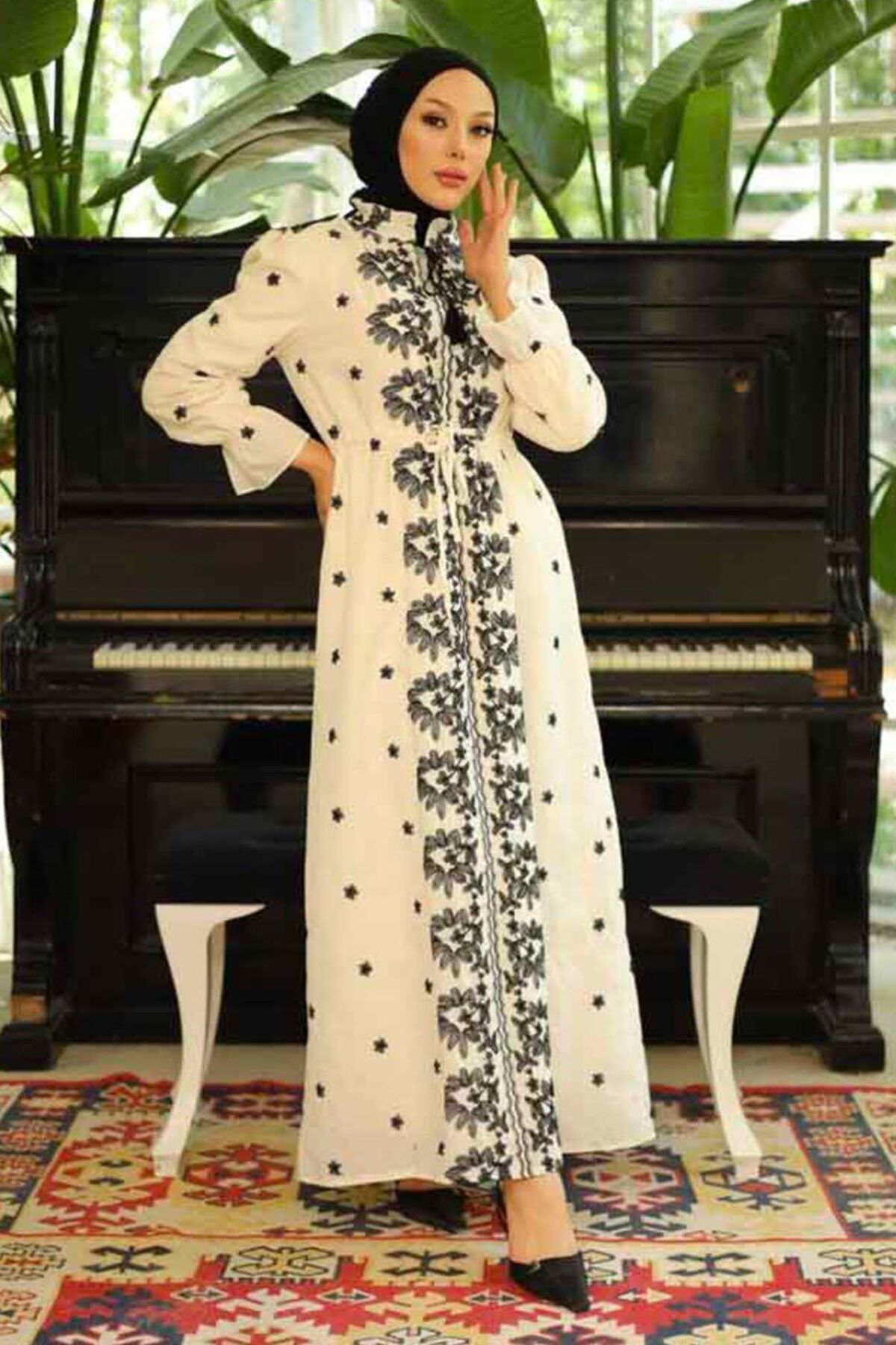 Neva Style-Rochie Hijab cu Motive Bej - 13503BEIG 1