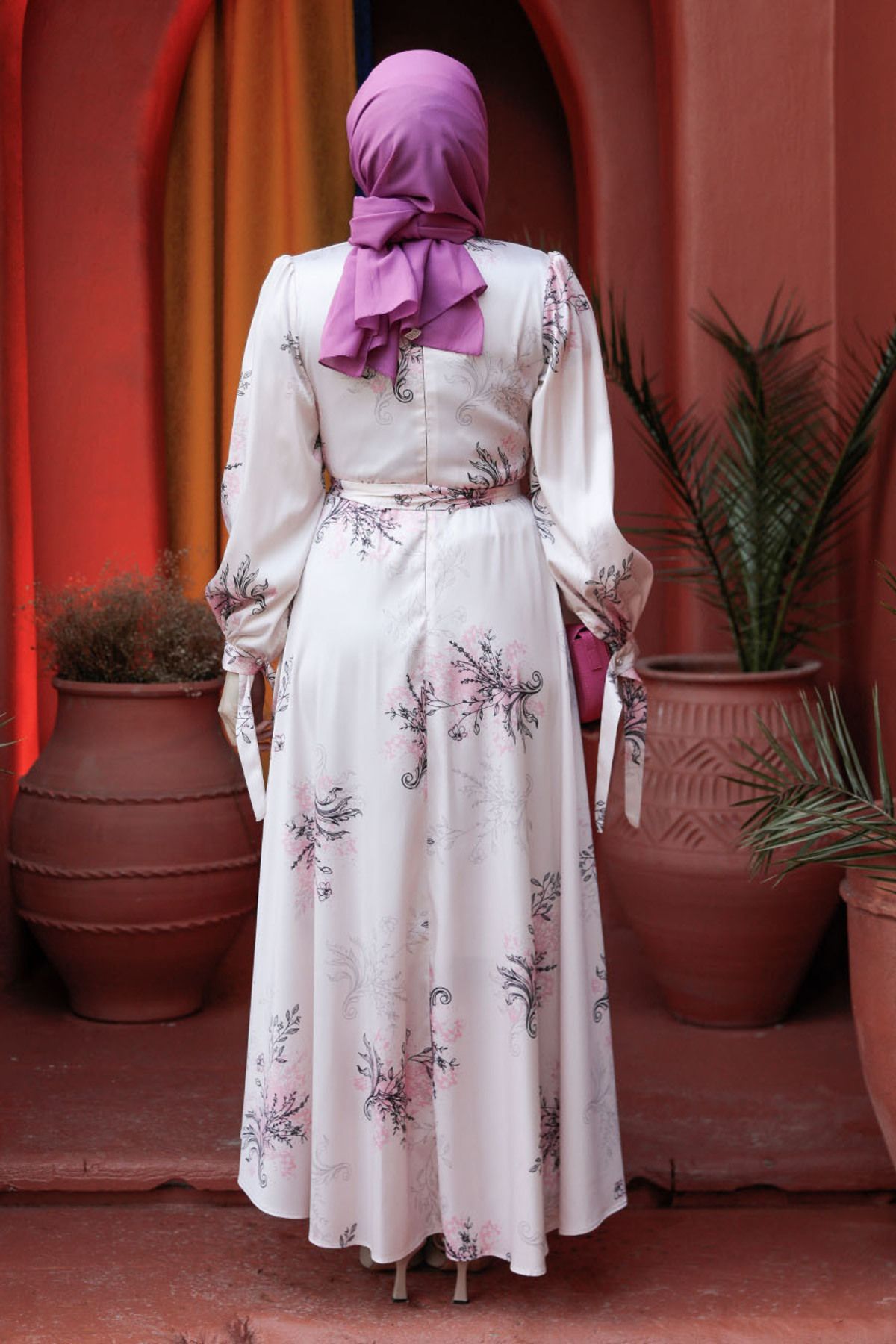 Neva Style-Floral Patterned Plum Hijab Dress 60911MU 4