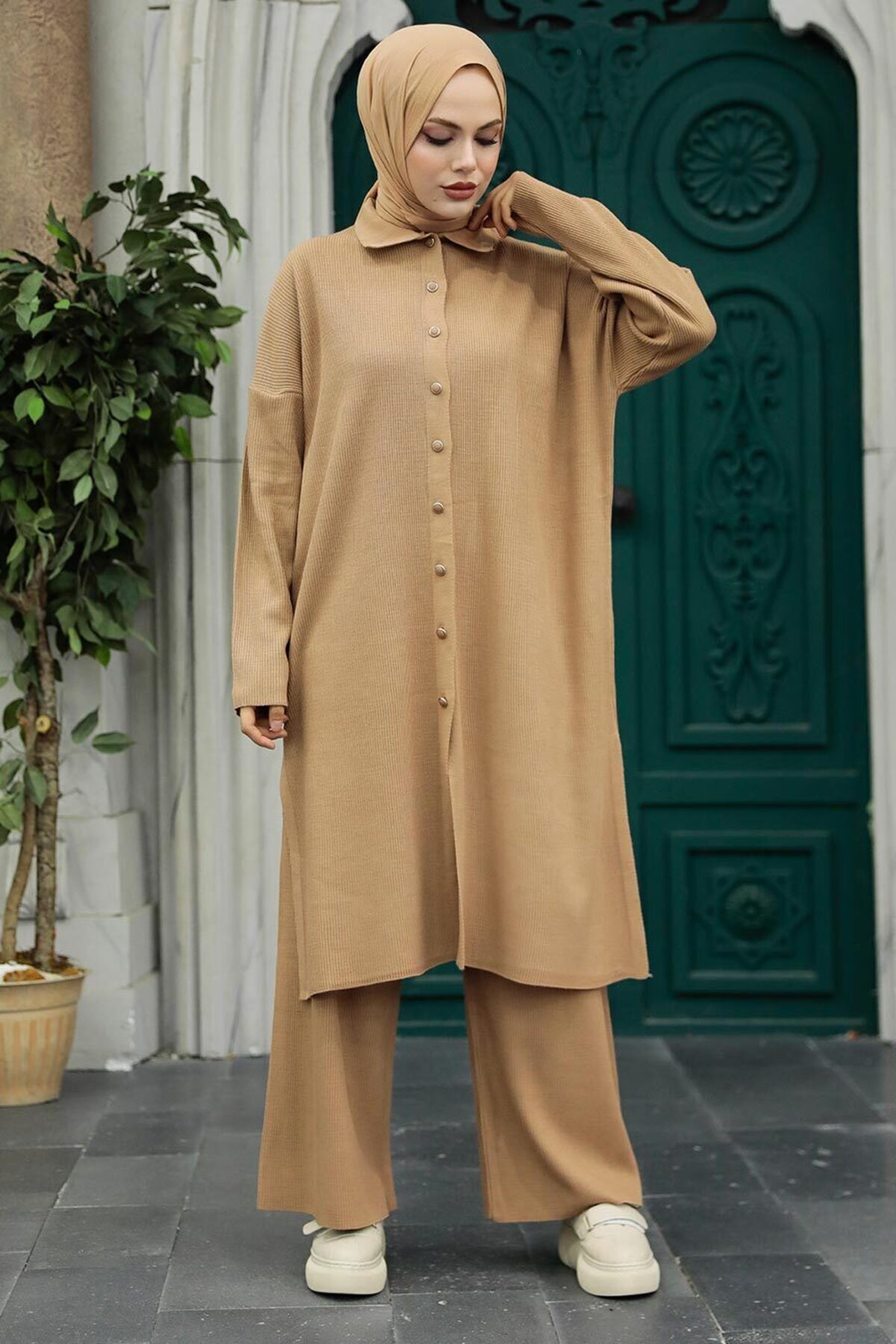 Neva Style-طقم بيسكويت حجاب محبوك بياقة مزدوجة 34181bs 4