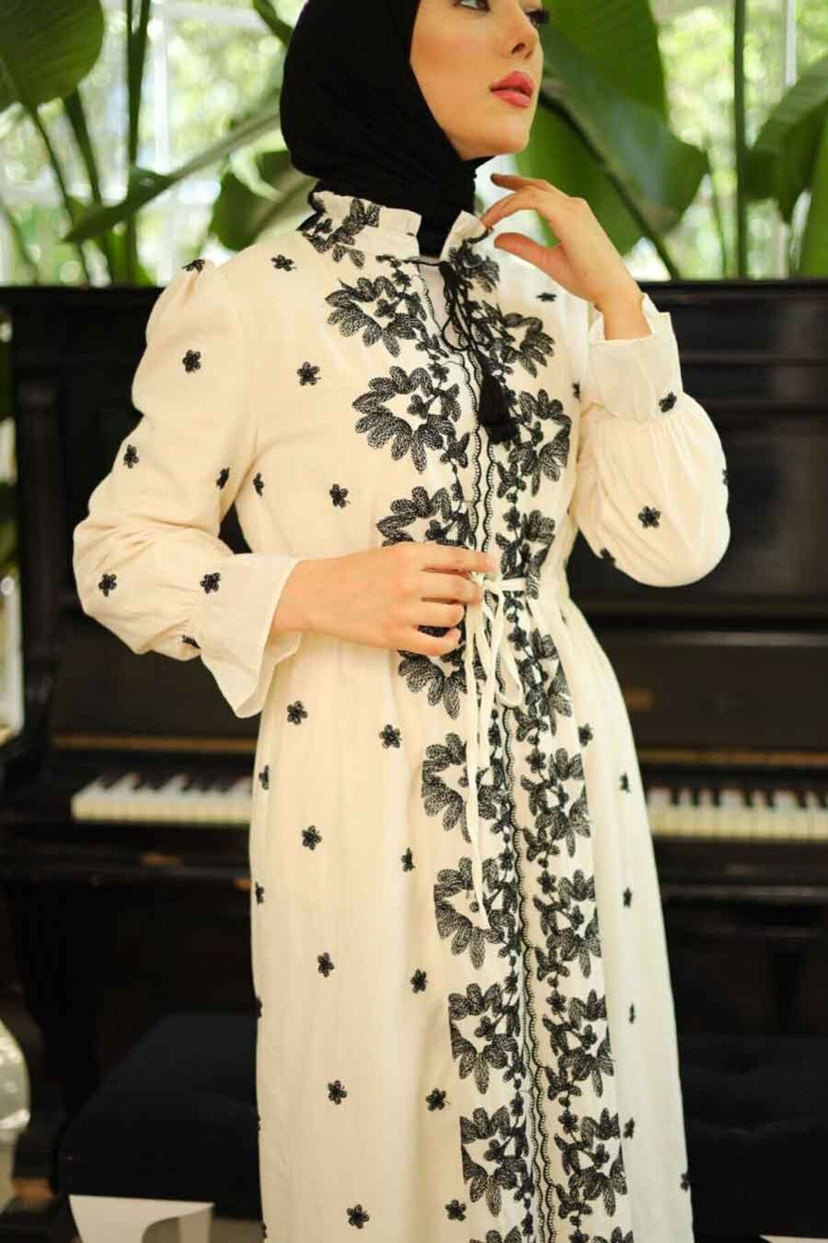 Neva Style-Rochie Hijab cu Motive Bej - 13503BEIG 3