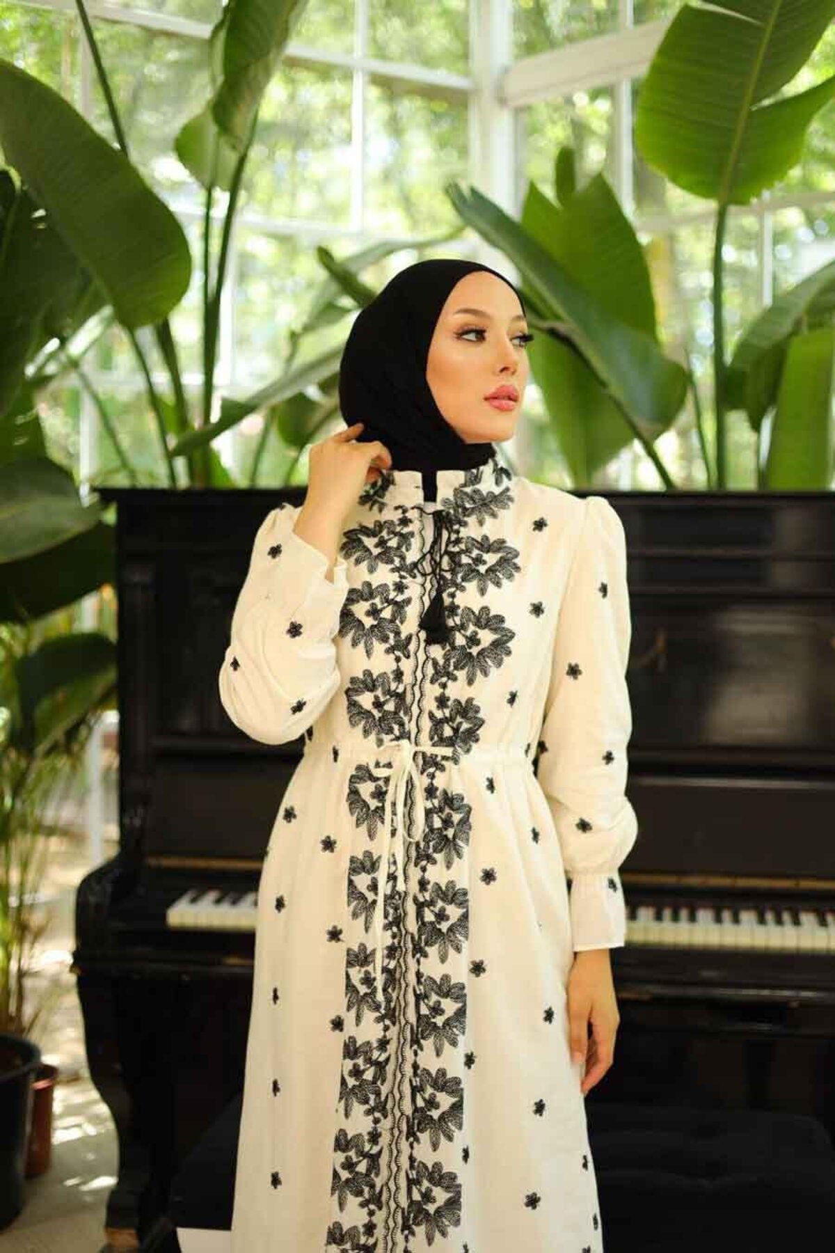 Neva Style-Rochie Hijab cu Motive Bej - 13503BEIG 2