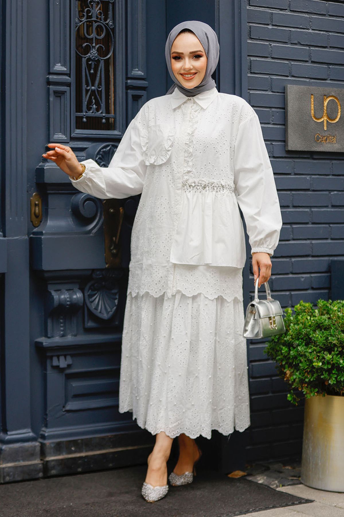 Neva Style-Λευκό Κορδόνι Hijab Tunik - 14261B 2