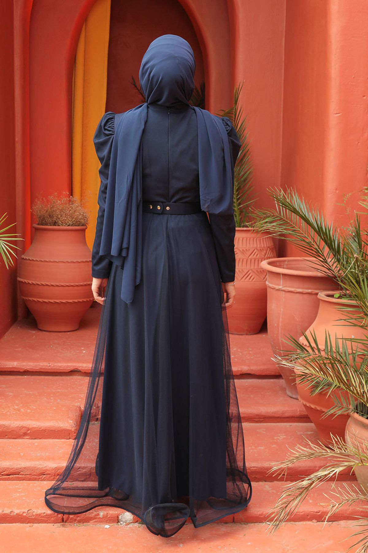 Neva Style-Beaded Navy Blue Hijab Evening Dress 51912L 6