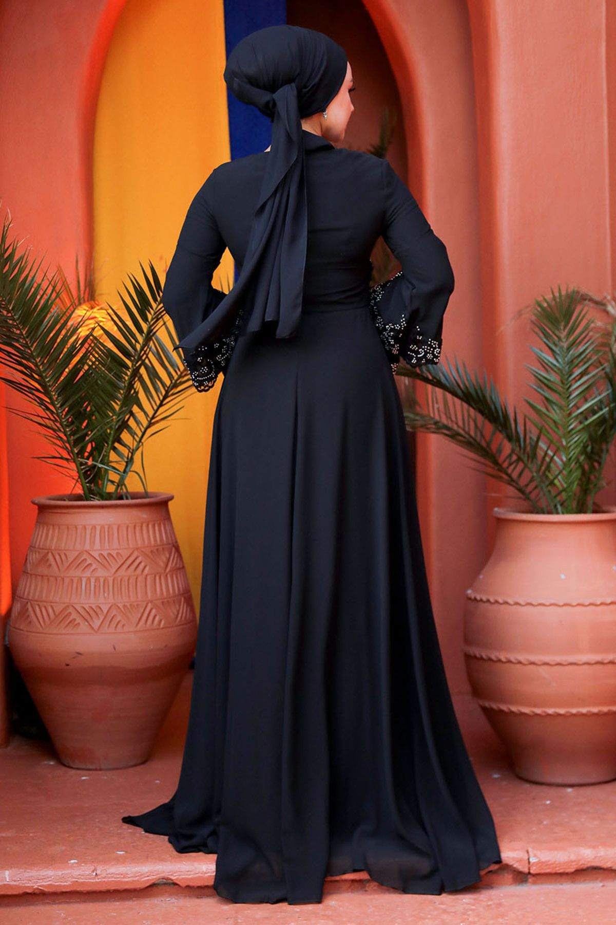 Neva Style-Βραδινό φόρεμα με χάντρες μαύρο Hijab 9181s 4