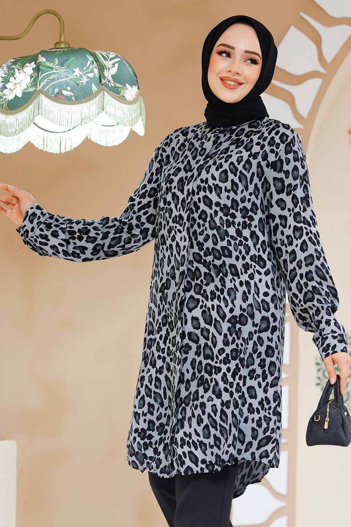 Neva Style-Patterned Gray Hijab Tunic 11716Gr 2