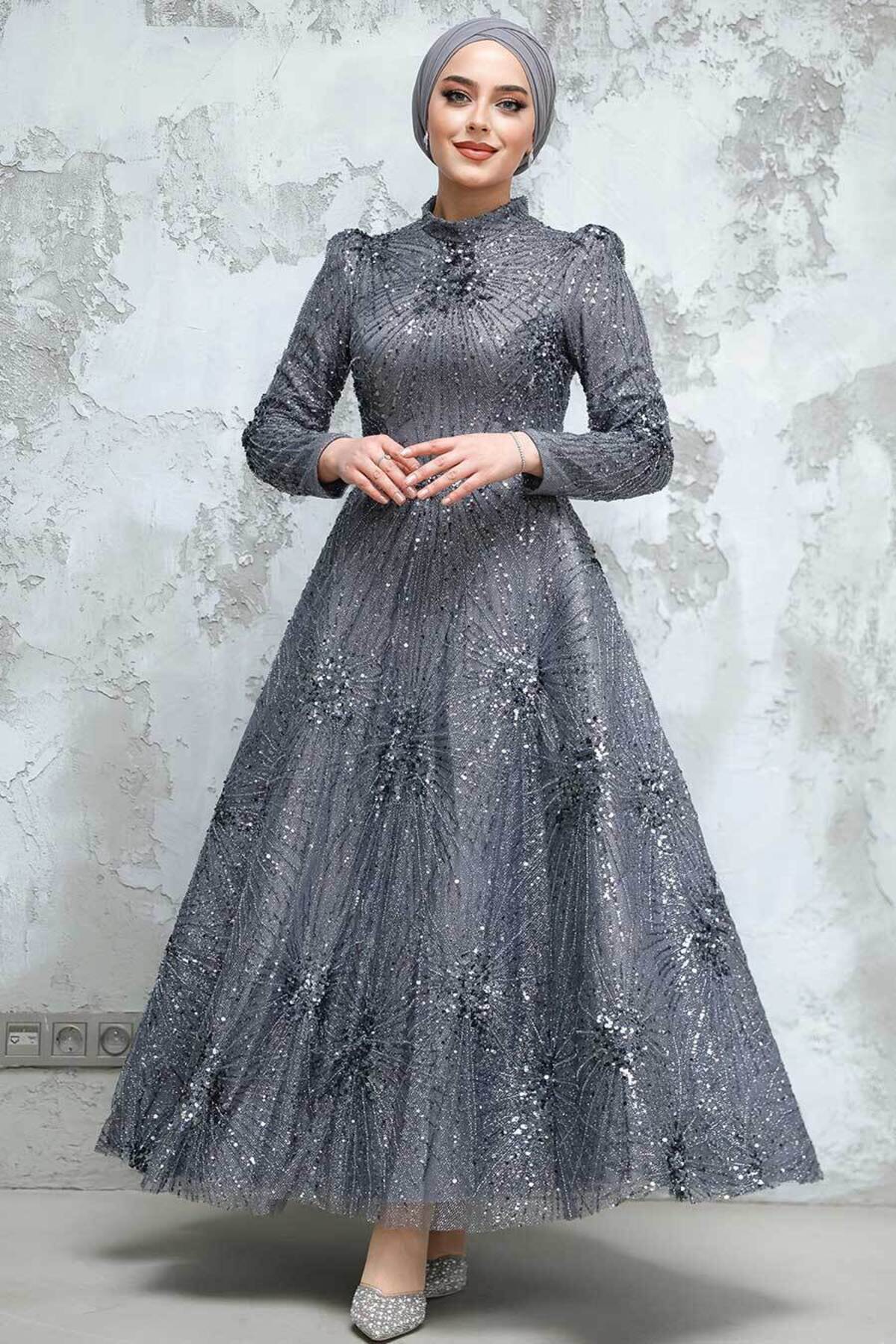 Neva Style-Beaded Smoked Hijab Evening Dress 50461Fu 4