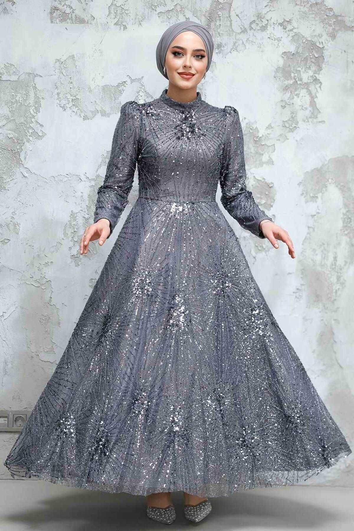 Neva Style-Beaded Smoked Hijab Evening Dress 50461Fu 3