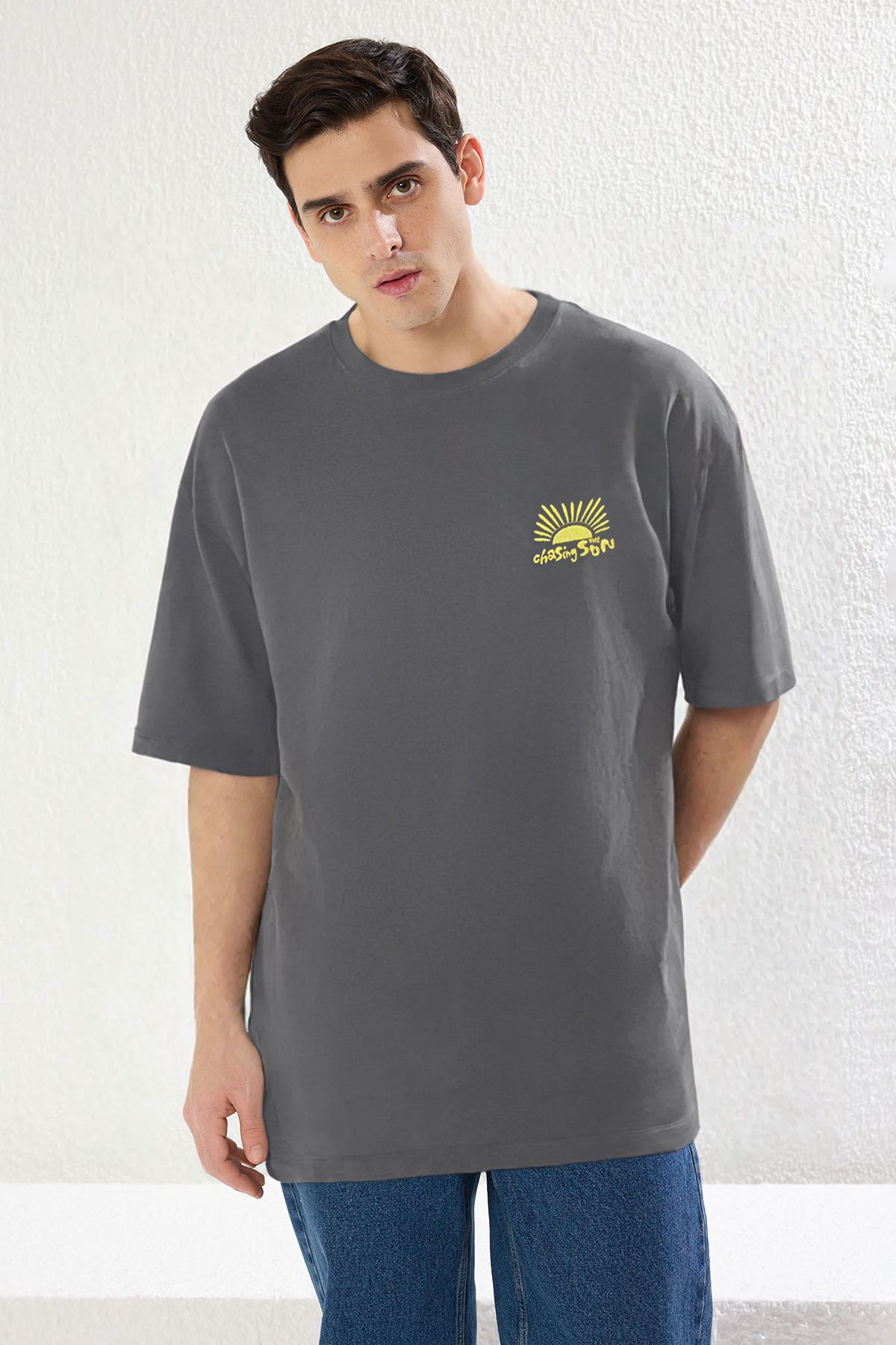 Trendyol Collection-Unisex Oversize Printed 100% Cotton T-Shirt - Anthracite Tmnss25Ts00031 3