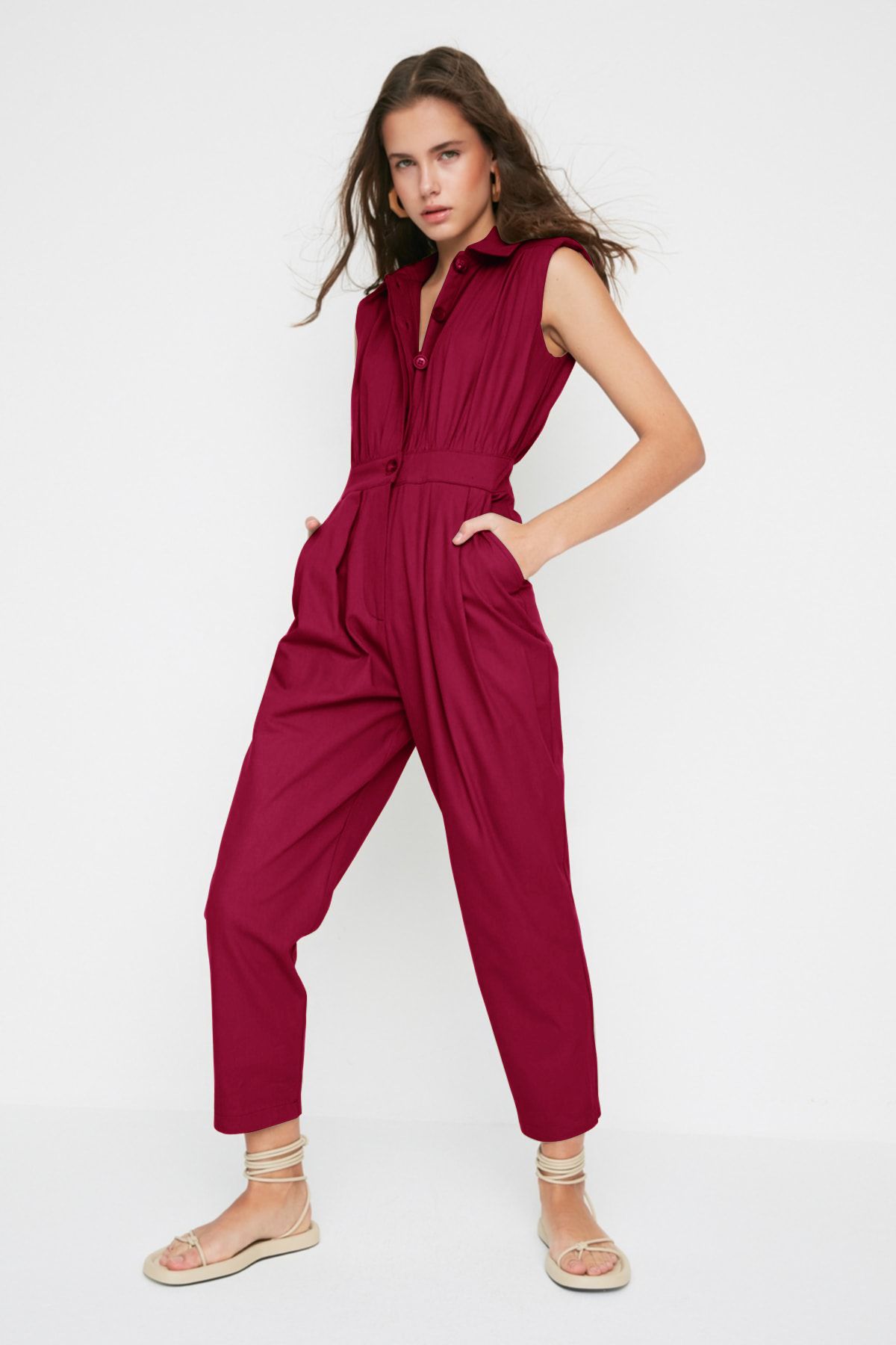 Trendyol Collection Koszula W Kolorze Claret Red Bez Rękawów Gabardynowy Kombinezon Tkany Kobieta - 38