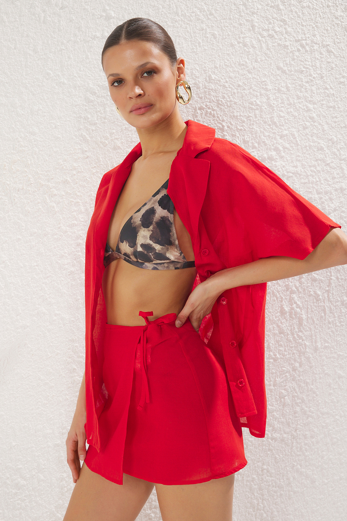 Trendyolmilla  Kırmızı Dokuma %100 Pamuk Plaj Gömlek-Etek Takım TBESS25AU00056 - Görsel 2