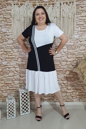 Fırfırlı Siyah Beyaz Likralı Viskon Elbise 000252as