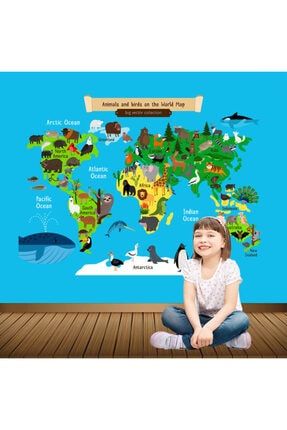 Kıtalar Ve Okyanuslar Hayvanlı Dünya Haritası Duvar Sticker KTM8891028