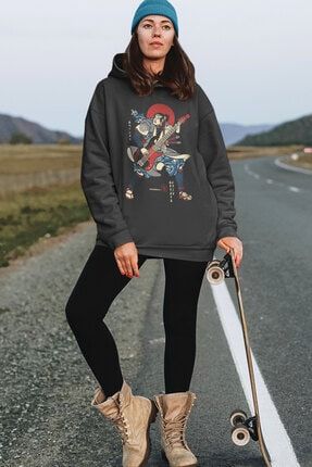 Kadın Antrasit Japon Bascı Kapüşonlu Kalın Oversize Sweatshirt 1K4XW397AX