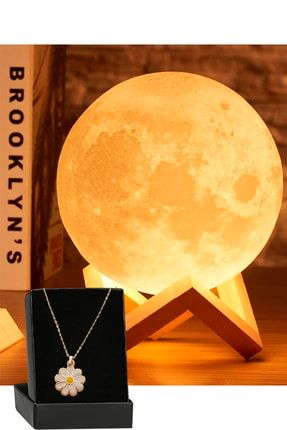 3D Standlı Büyük Boy Ay Gece Lambası Hediyelik Küre Led Başucu Lambası Ve Papatya Kolye BRAL4242