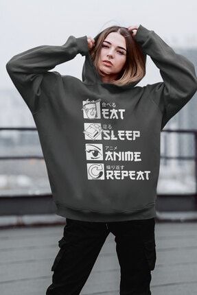 Kadın Antrasit Hep Anime Kapüşonlu Kalın Oversize Sweatshirt 1K4XW325AX