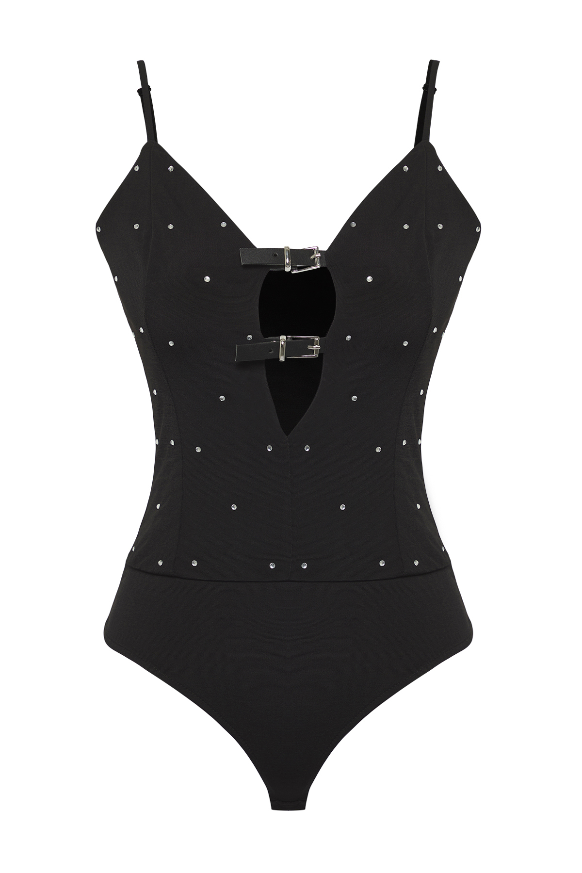 Trendyolmilla Siyah Taş Baskılı Kemer Detaylı Askılı Örme Body TPRSS25BD00014