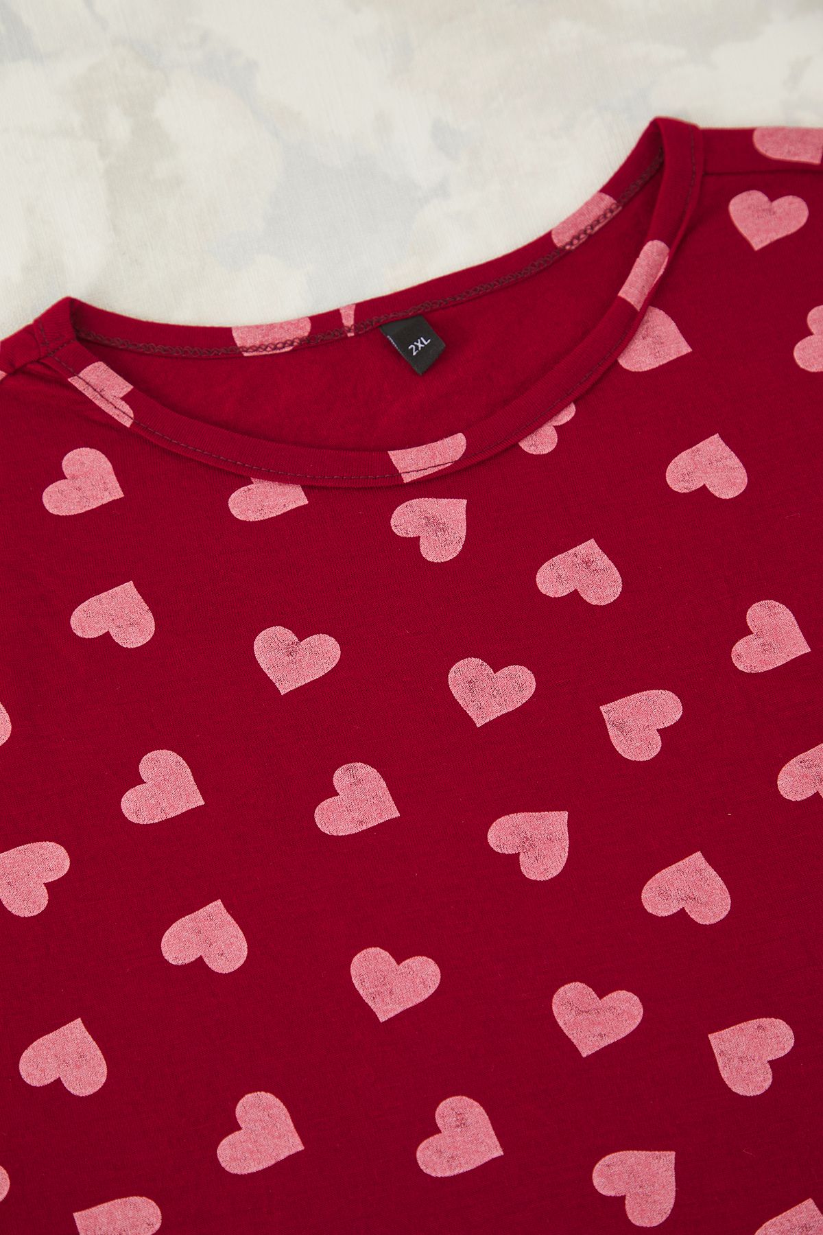 Edit by Trendyol-Claret Red Heart Patterned Knitted Large Size Pajama Set Tedss25Ai00005 4