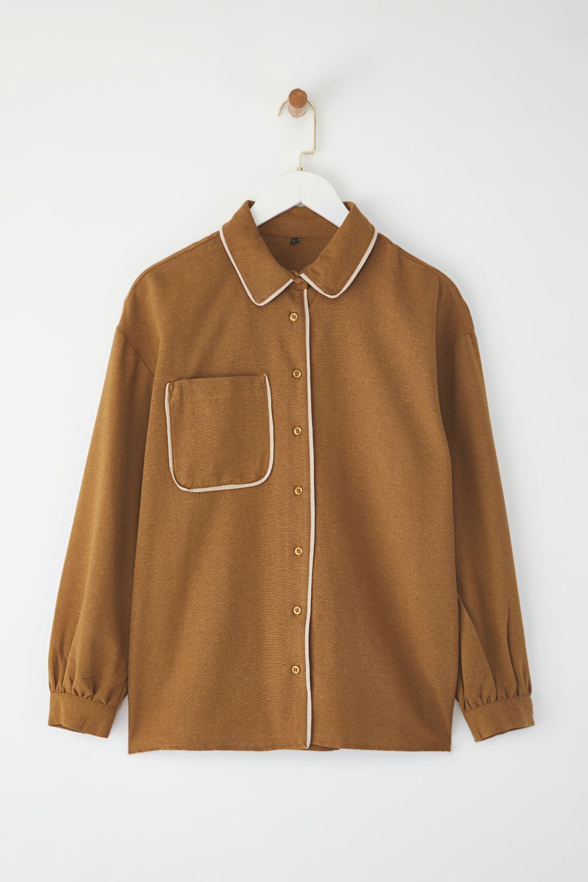 Trendyol Modest-Brown Oversize Linen Look Piping Detailed Woven Shirt Tctss25Tg00023 5