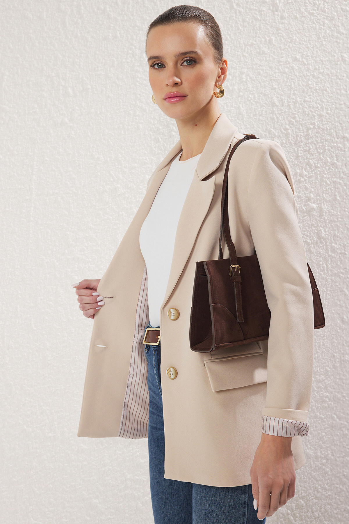 Trendyol Modest-Beige Inner Lining Striped Woven Jacket Tctss25Ck00006 1