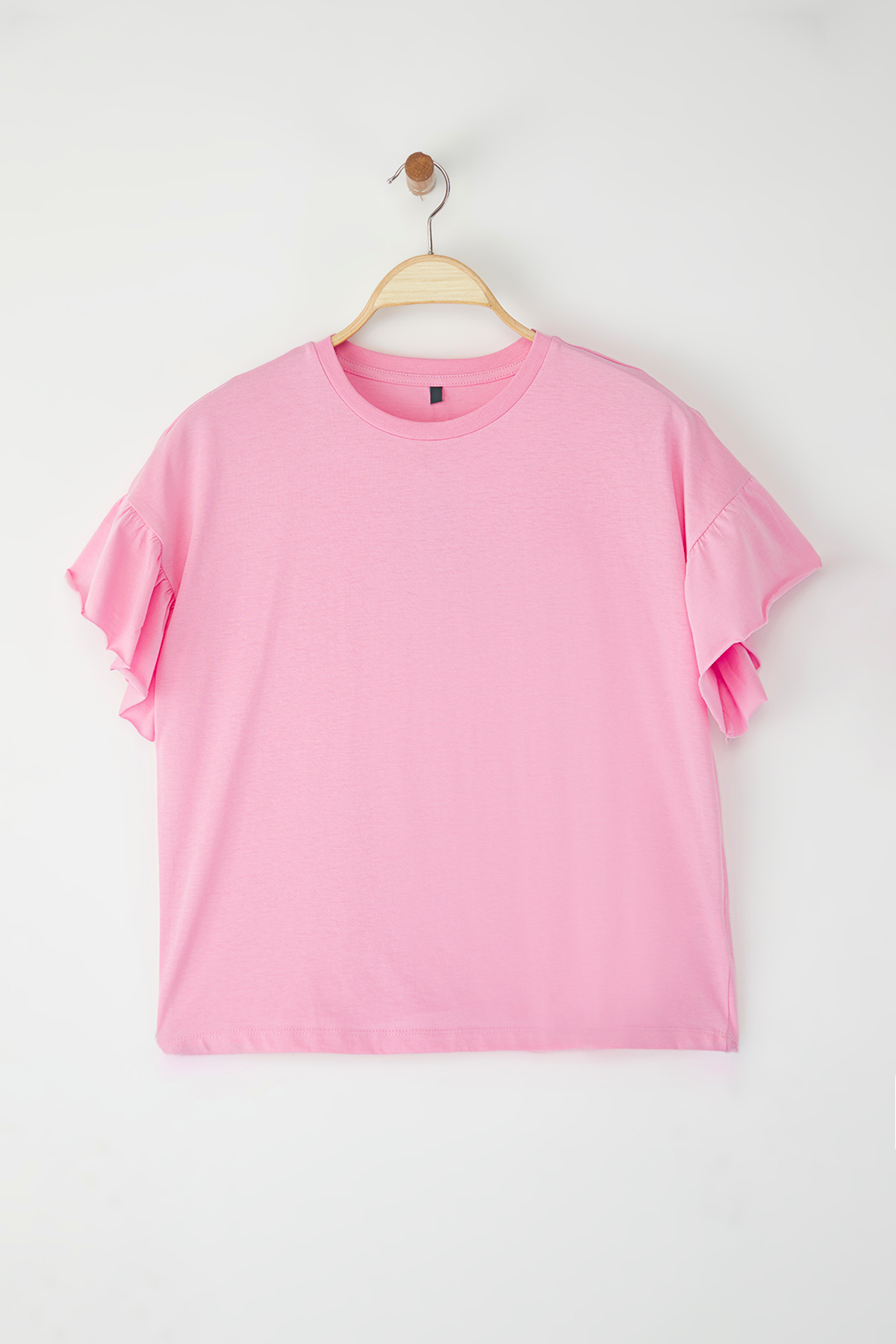 Trendyolmilla  Pembe %100 Pamuk Fırfır Detaylı Basic Bisiklet Yaka Örme T-Shirt TWOSS22TS2429 - Görsel 5