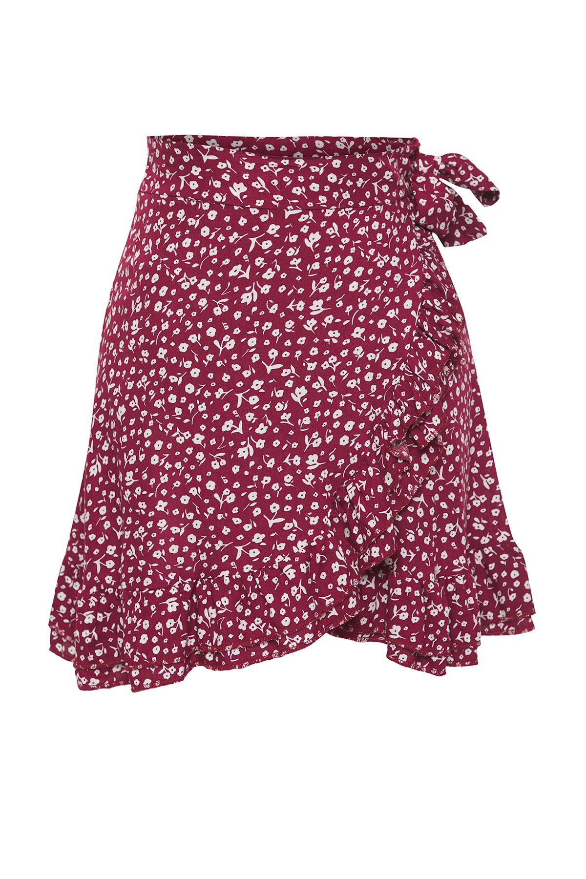 Trendyol Collection-Burgundy Floral Double Breasted Ruffled Viscose Summer Mini Skirt Twoss25Et00186 5