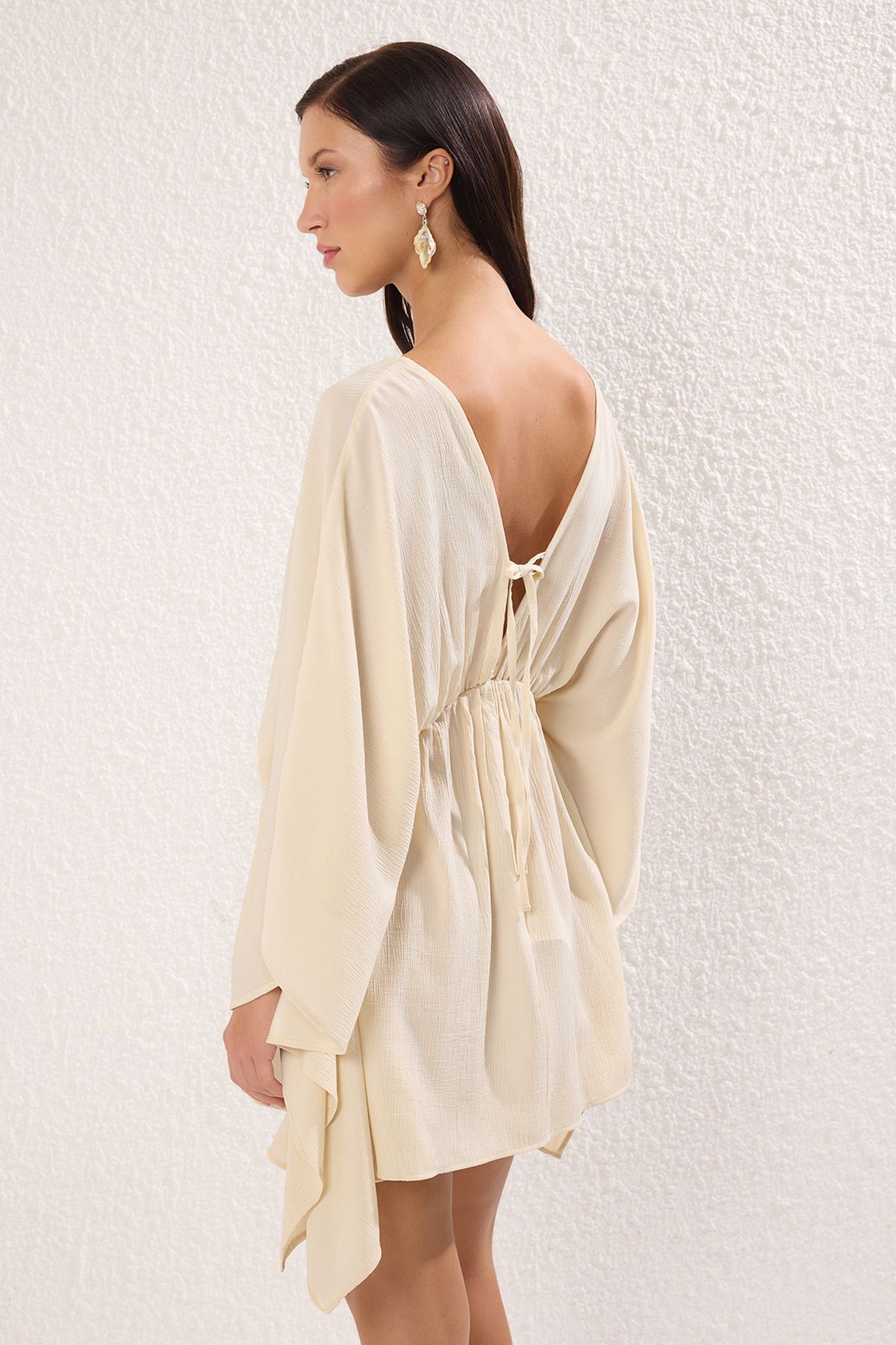 Trendyol Collection-Ecru Oversize Midi υφαντό 100% βαμβακερό φόρεμα παραλίας TBESS25EL00127 4