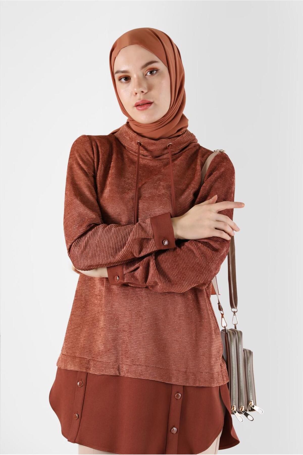 پیراهن تکه تکه یقه دگاژه تونیک مخملی چنیل 42397 Alvina