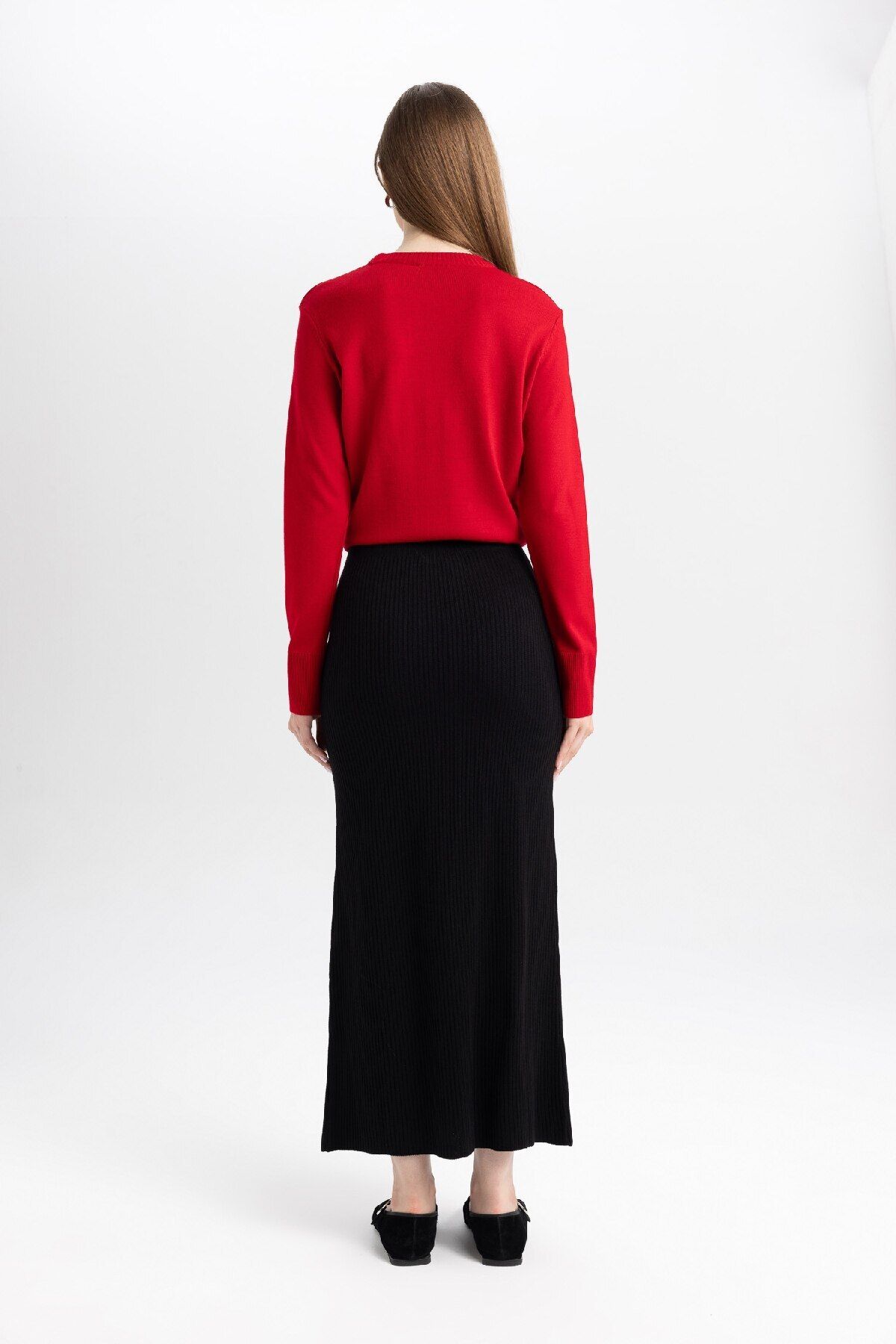 DeFacto-Regular Fit Stretch Waisted Basic Plain Black Maxi Skirt D2526Ax24Wn 6