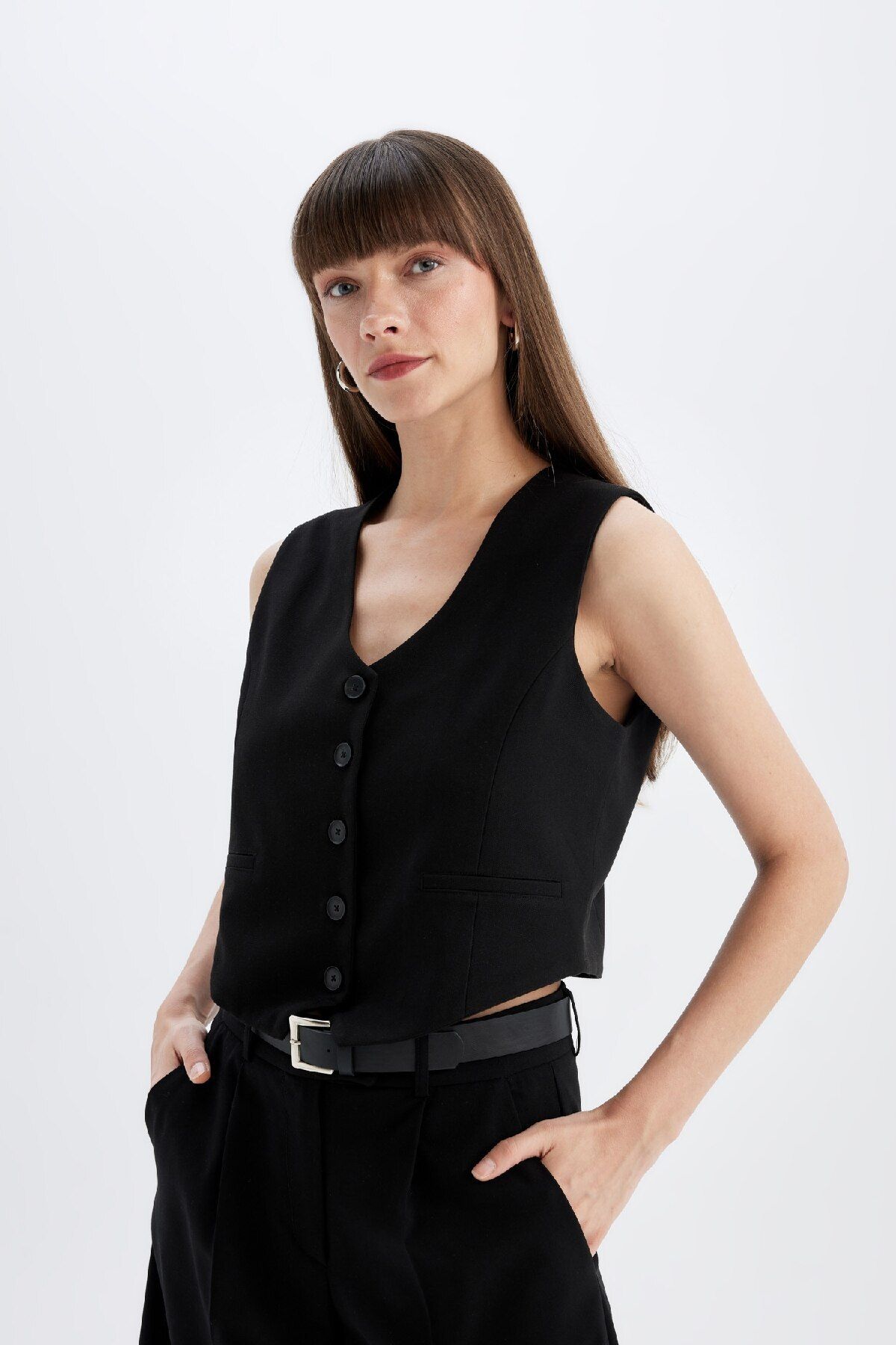 DeFacto-Classic Black Blazer Vest with V-Neck Buttons C2026Ax24Au 3