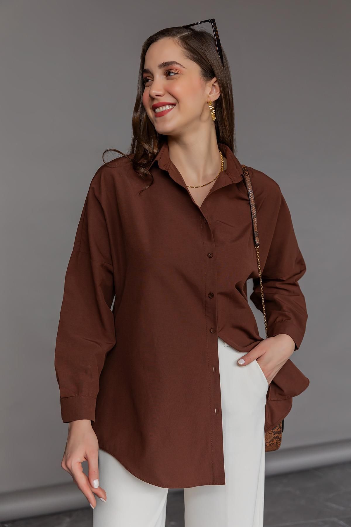 Kadın Basic Oversize Gömlek - Kahverengi - 2