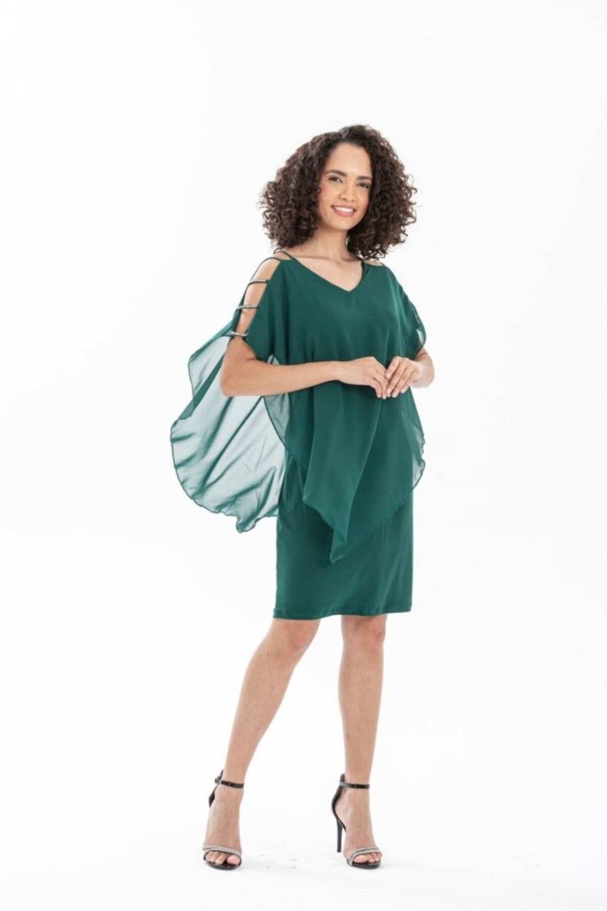 JANES-Women's Off-The-Shoulder V-Neck Chiffon Sandy Fabric Opportunity Product Above Knee Dress 6