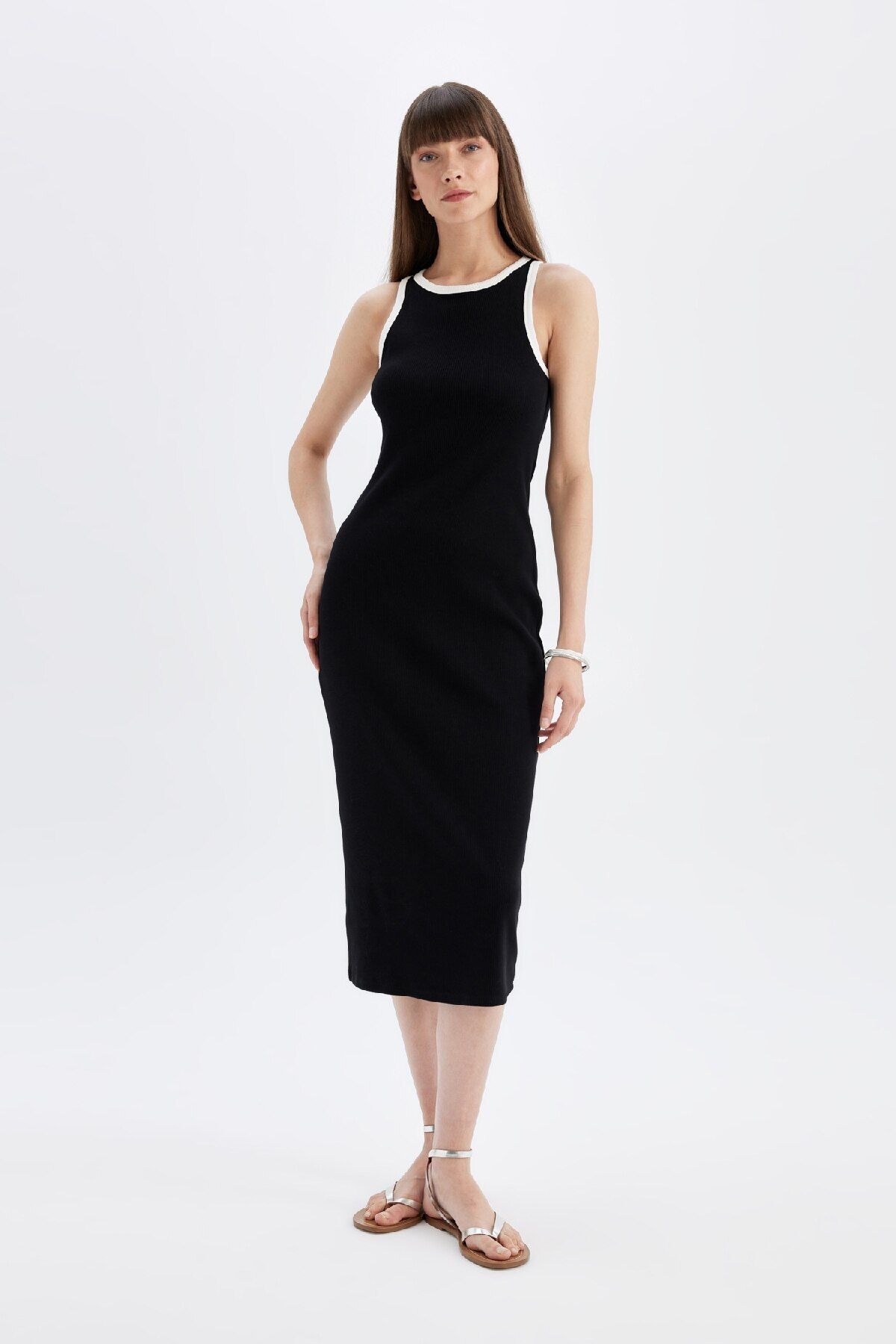 Bodycon Vücudu Saran Basic Düz Fitilli Kaşkorse Kolsuz Midi Elbise D5302ax24hs