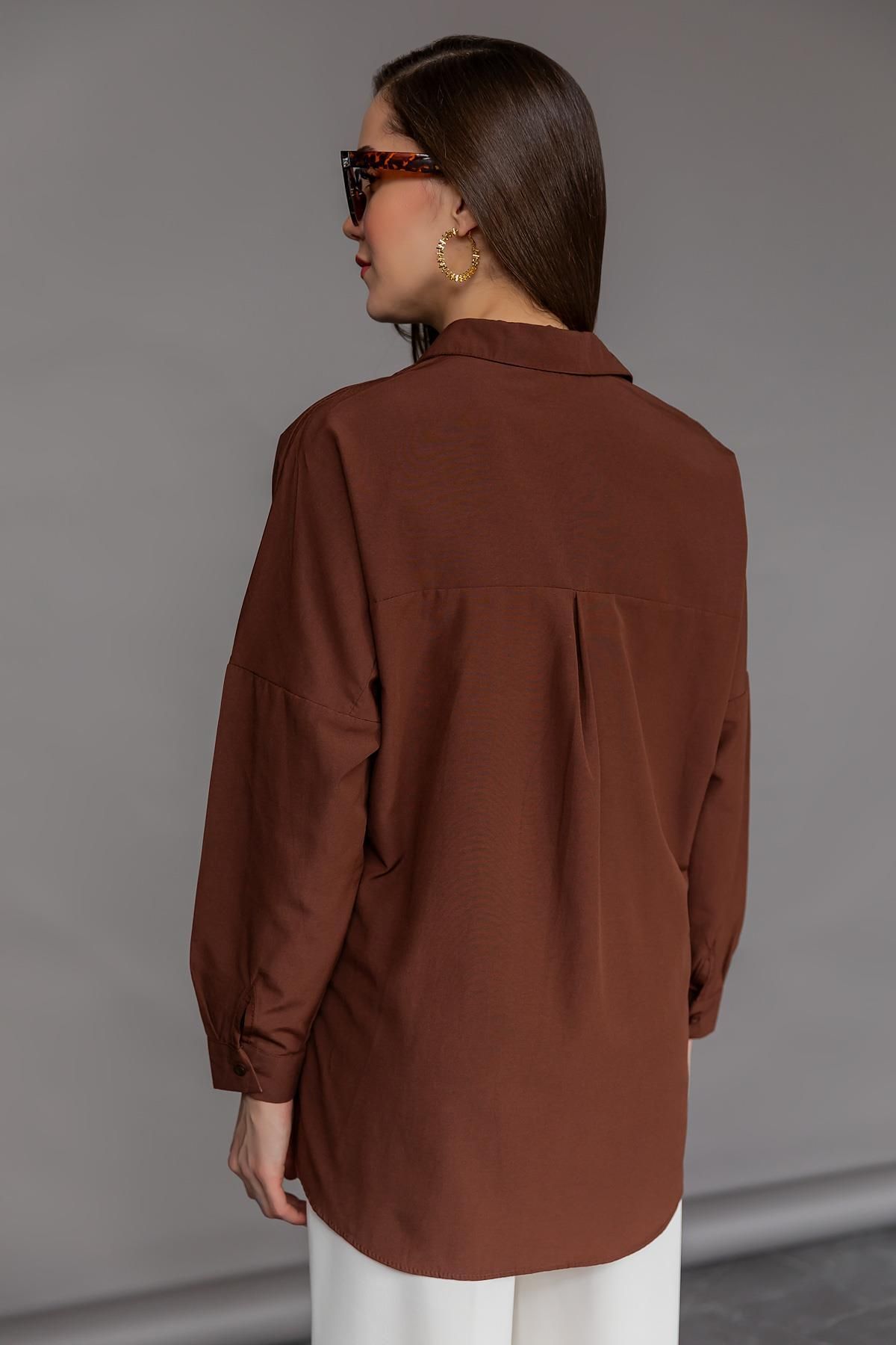 Kadın Basic Oversize Gömlek - Kahverengi - 3