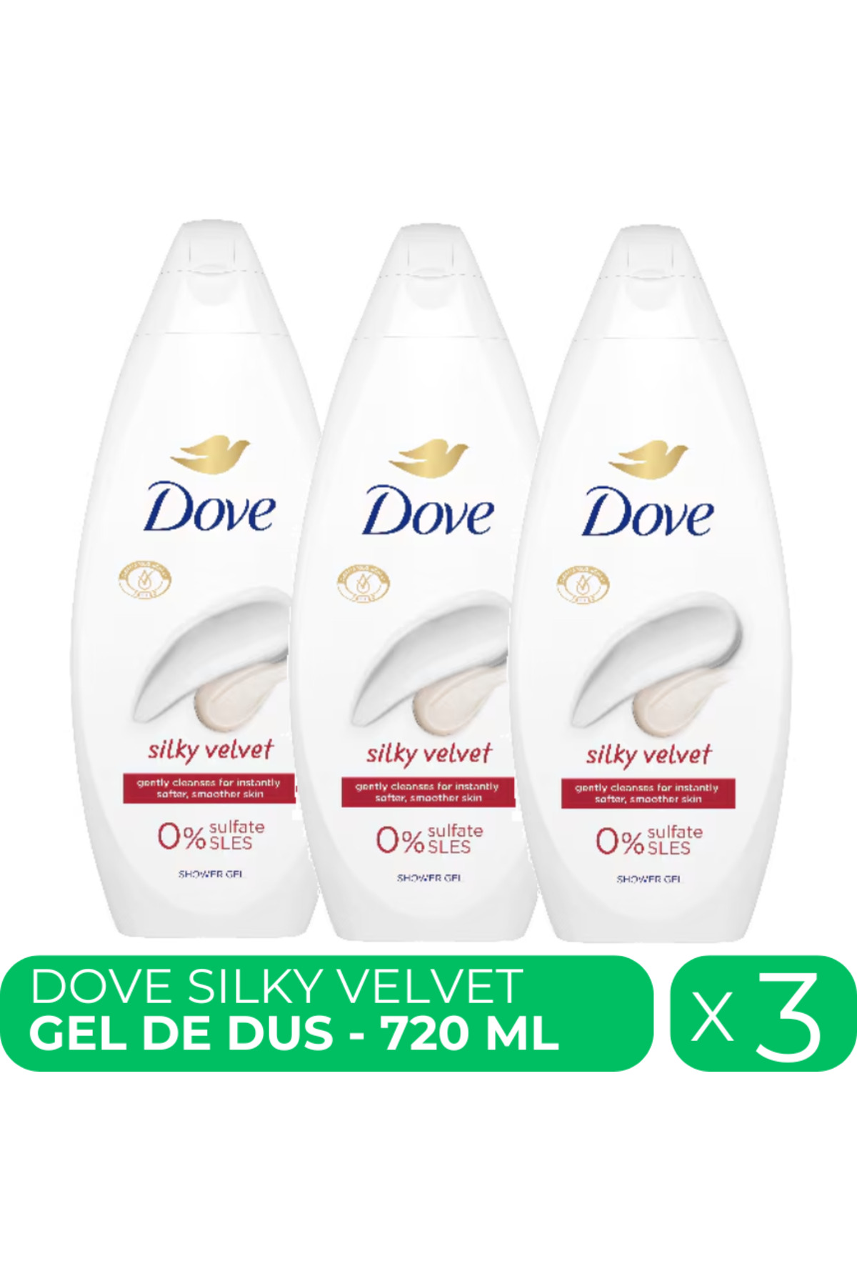 Dove Копринено кадифе, хидратиращ душ гел, 3 бр. x 720 мл