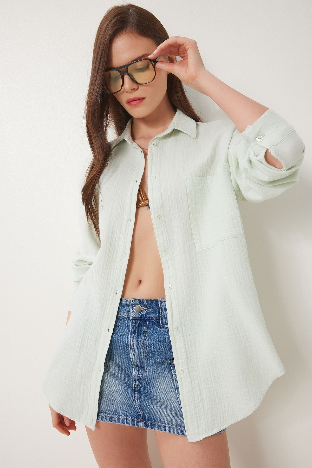 Lovelyİstanbul-Oversize Basic Muslin Shirt Water Green Lmx0002 3