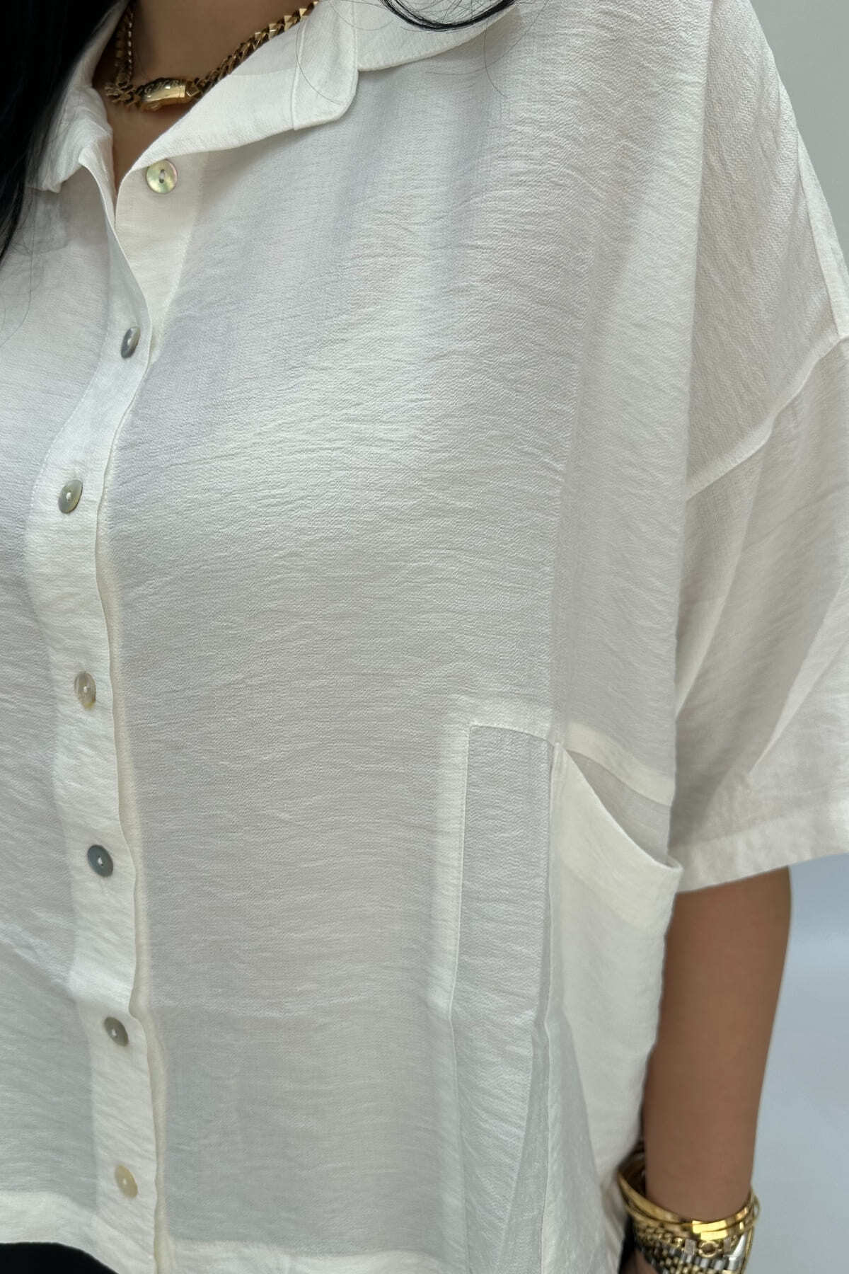 GÖKSEL-Short Linen Bluz White Large Size 5