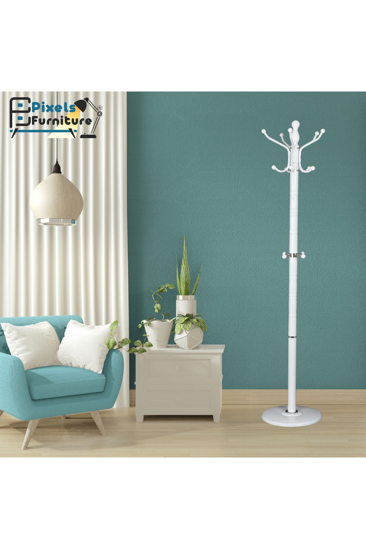 PixelsFurniture-Pixel Furniture Modern Design Metal Clothes Hanger, Marble Base with 14 Hooks for Hanging Clothes and Scarves 3