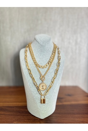 Home Kilit Detaylı Gold Metal Kolye Seti