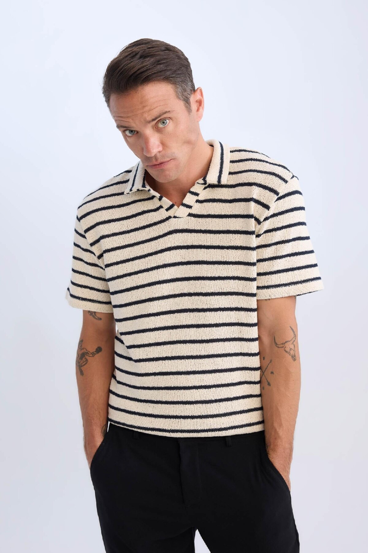 DeFacto-Regular Fit Striped Short Sleeve Polo T-Shirt B6532Ax25Sp 7