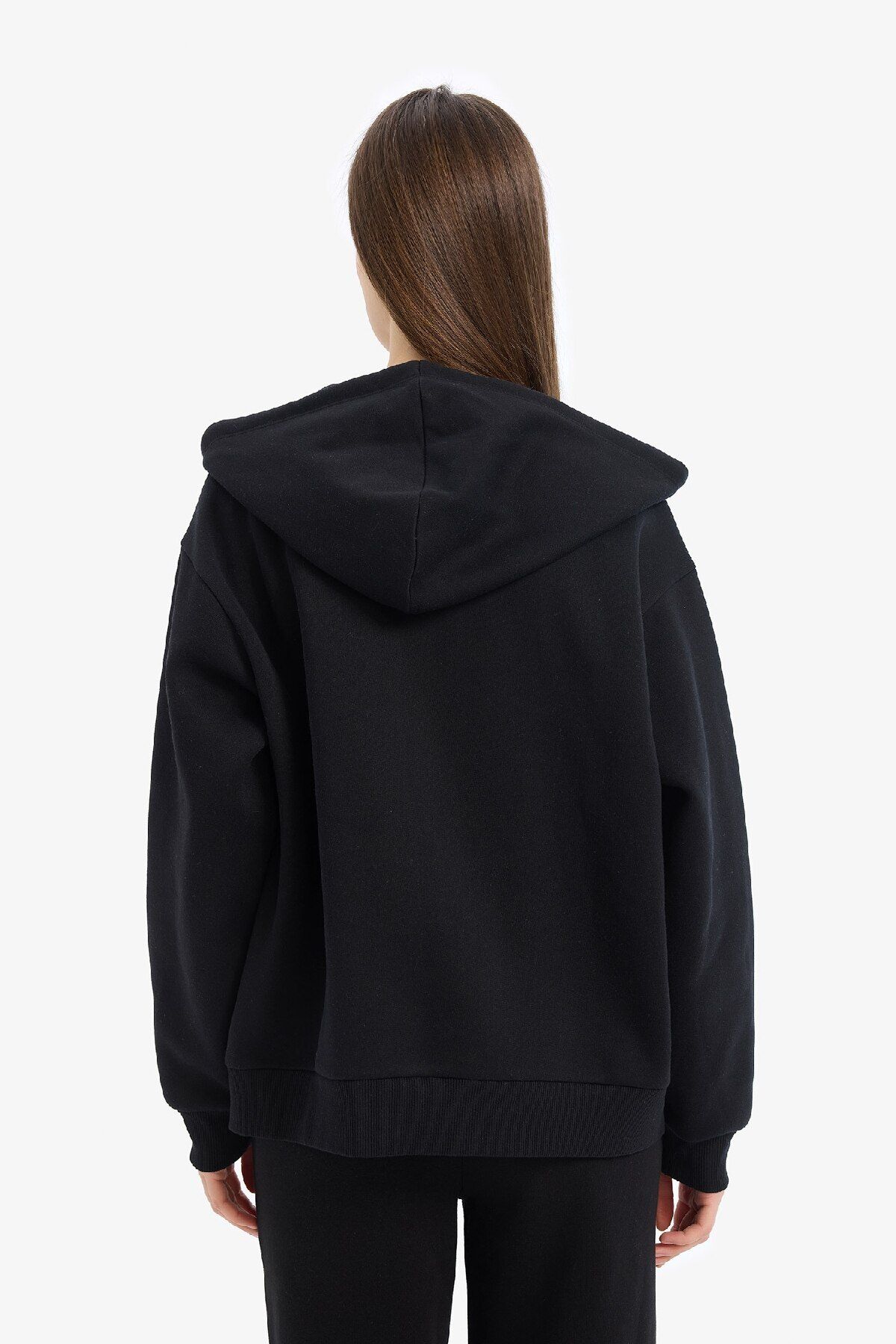 DeFacto-Schwarzes „Zurück zur Schule“-Relax-Fit-Kapuzenpullover, dickes Basic-Sweatshirt mit gerader Tasche und Reißverschluss, D8717ax24wn 7