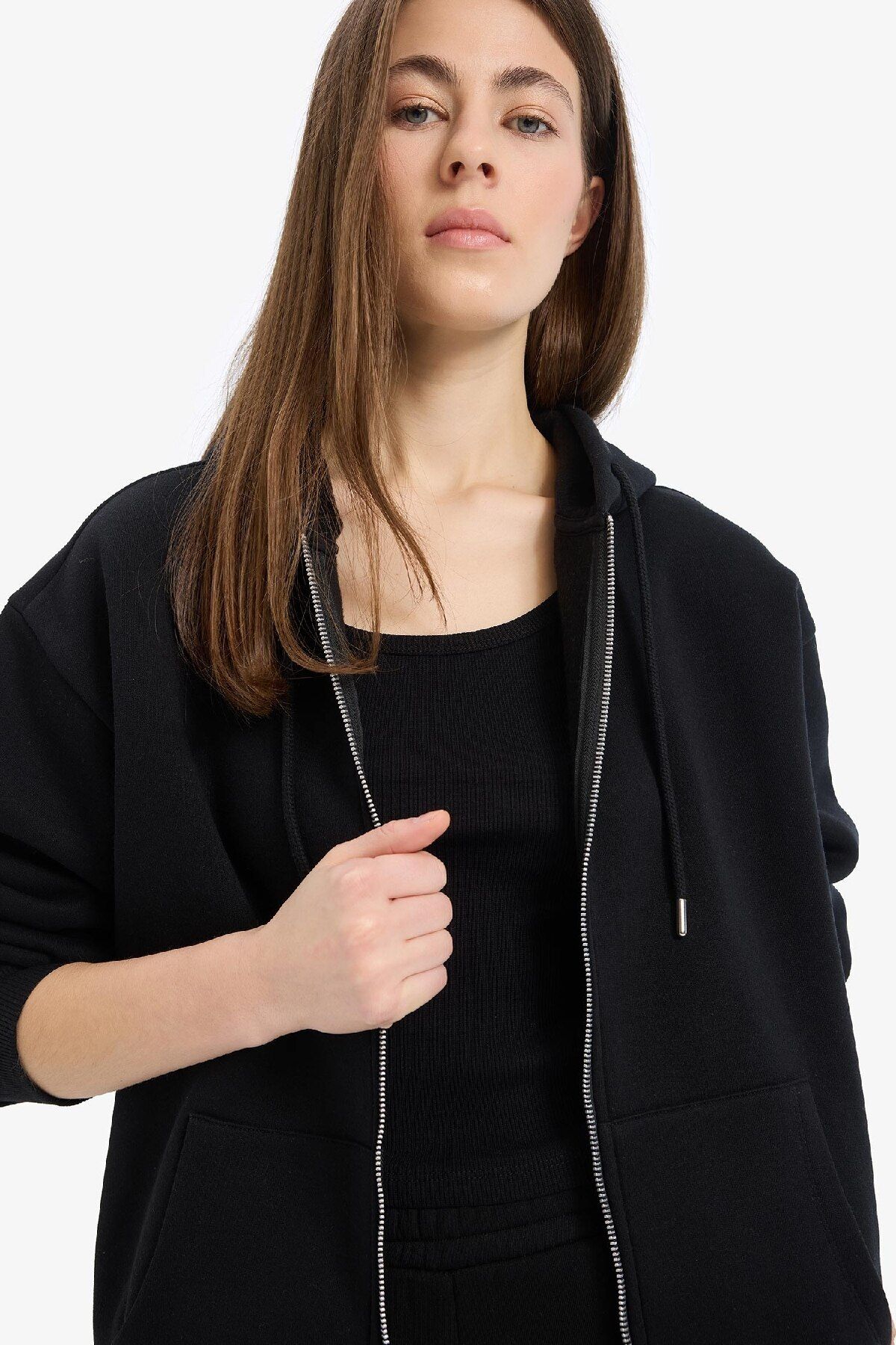DeFacto-Schwarzes „Zurück zur Schule“-Relax-Fit-Kapuzenpullover, dickes Basic-Sweatshirt mit gerader Tasche und Reißverschluss, D8717ax24wn 5