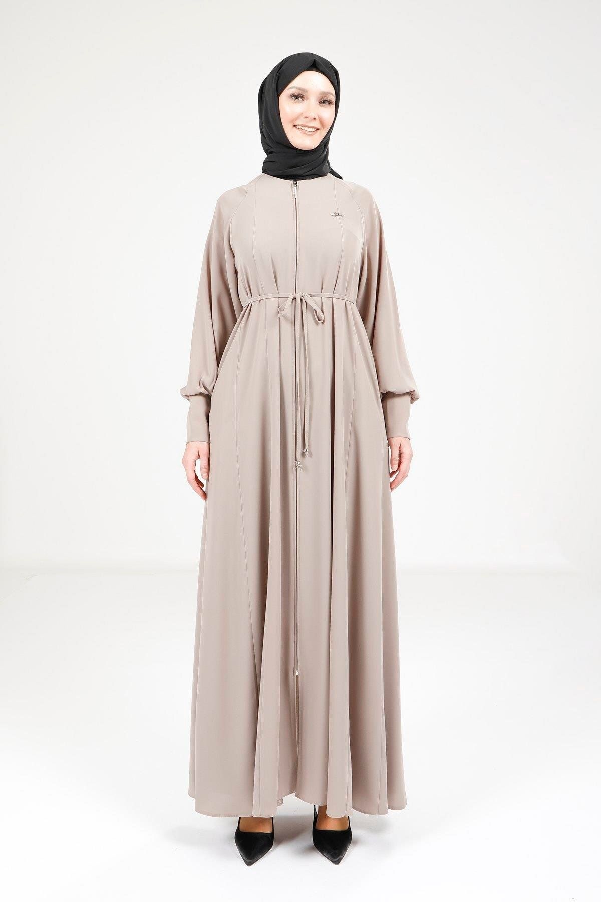 مانتو و عبای پوشیده زنانه ZIPPERED BEIGE FERACE 9162 اورجینال Beyza