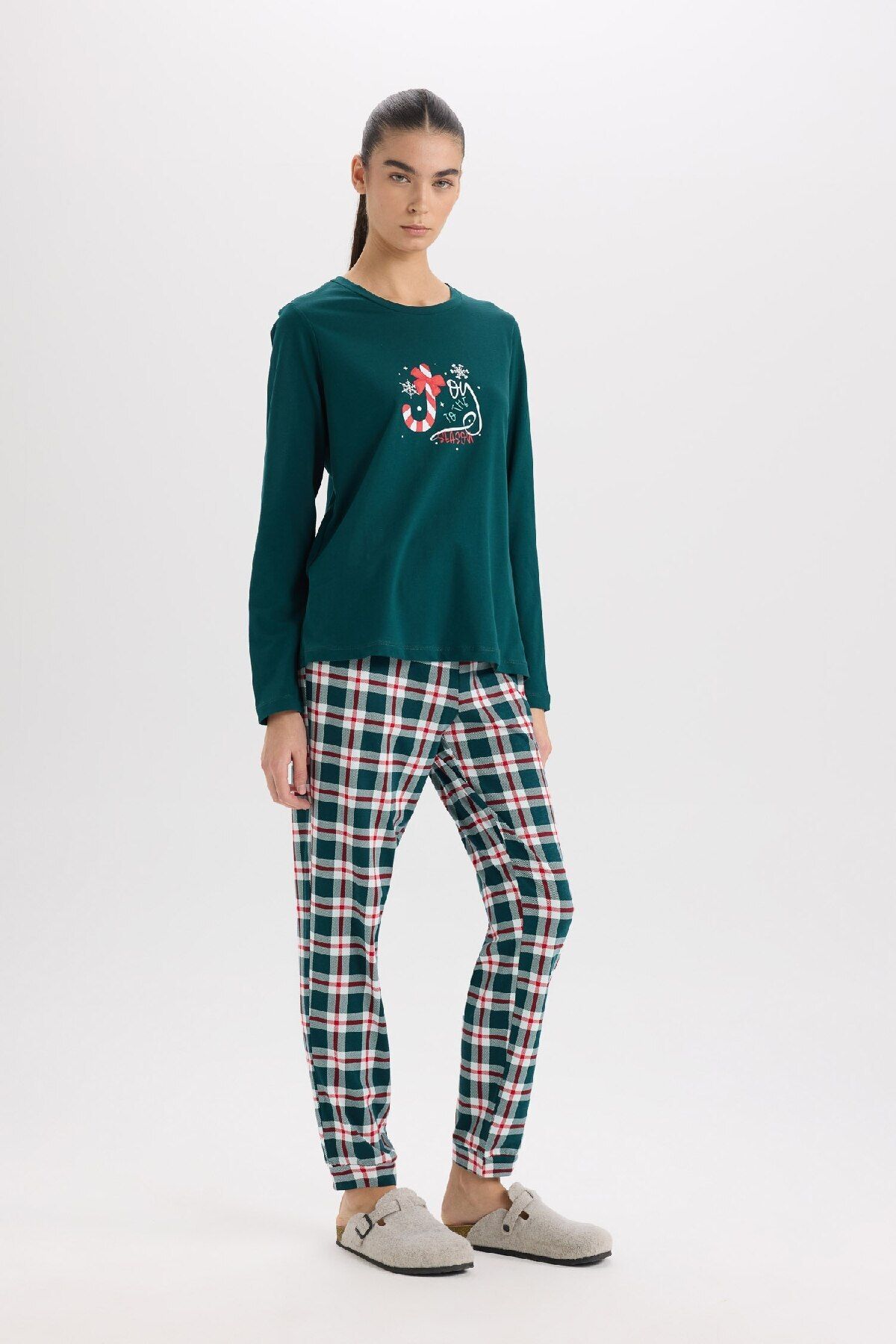DeFacto-Pajama Set to Fall in Love - Regular Fit, Long Sleeve, Top Check, Long Bottom D2283Ax24Wn 2