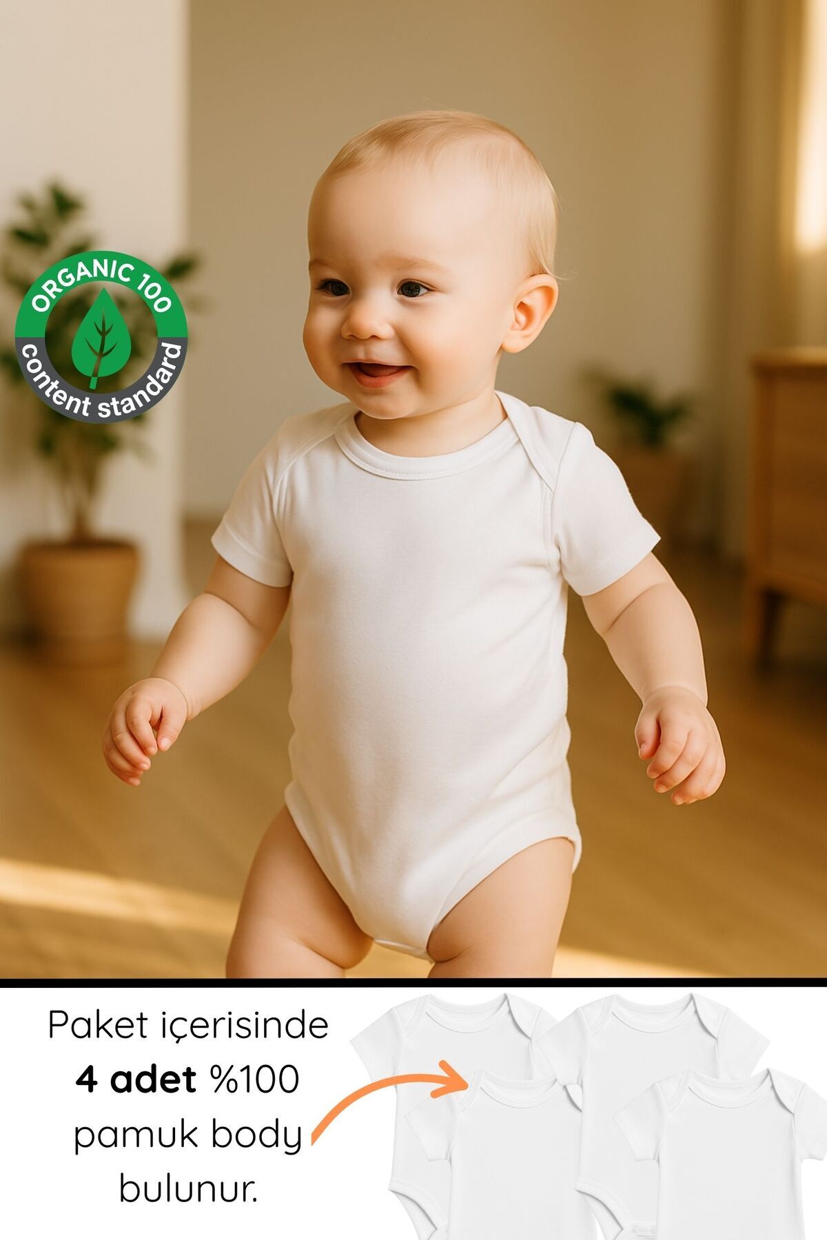 Polpuf 4lü Bebek Body Zıbın %100 Organik Pamuk Bebek Atlet Çıt Çıtlı Badi Beyaz fotoğrafı 3 (önizleme)