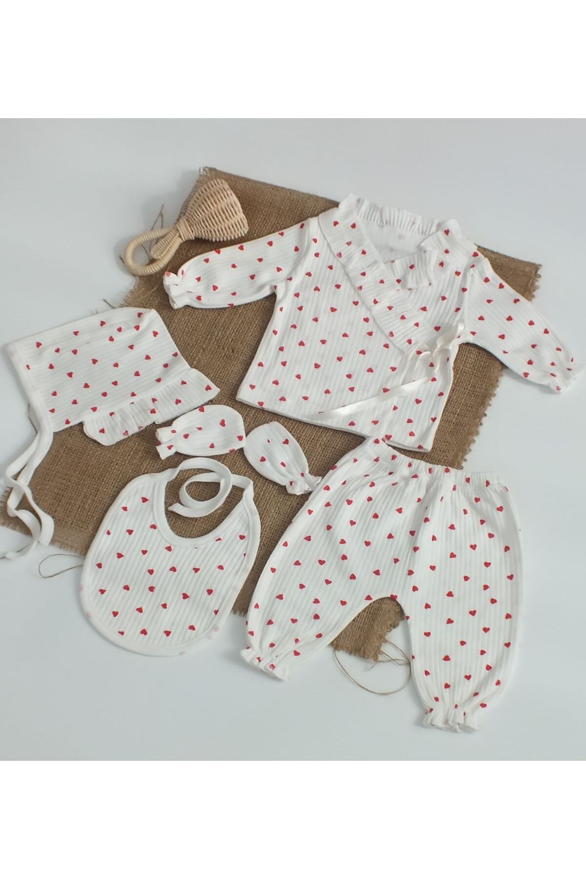 Bebe wini %100 Pamuk 5’li Kırmızı Kalpli Fırfırlı Lora Şapkalı Bebek Hastane Çıkışı Seti fotoğrafı 5 (önizleme)